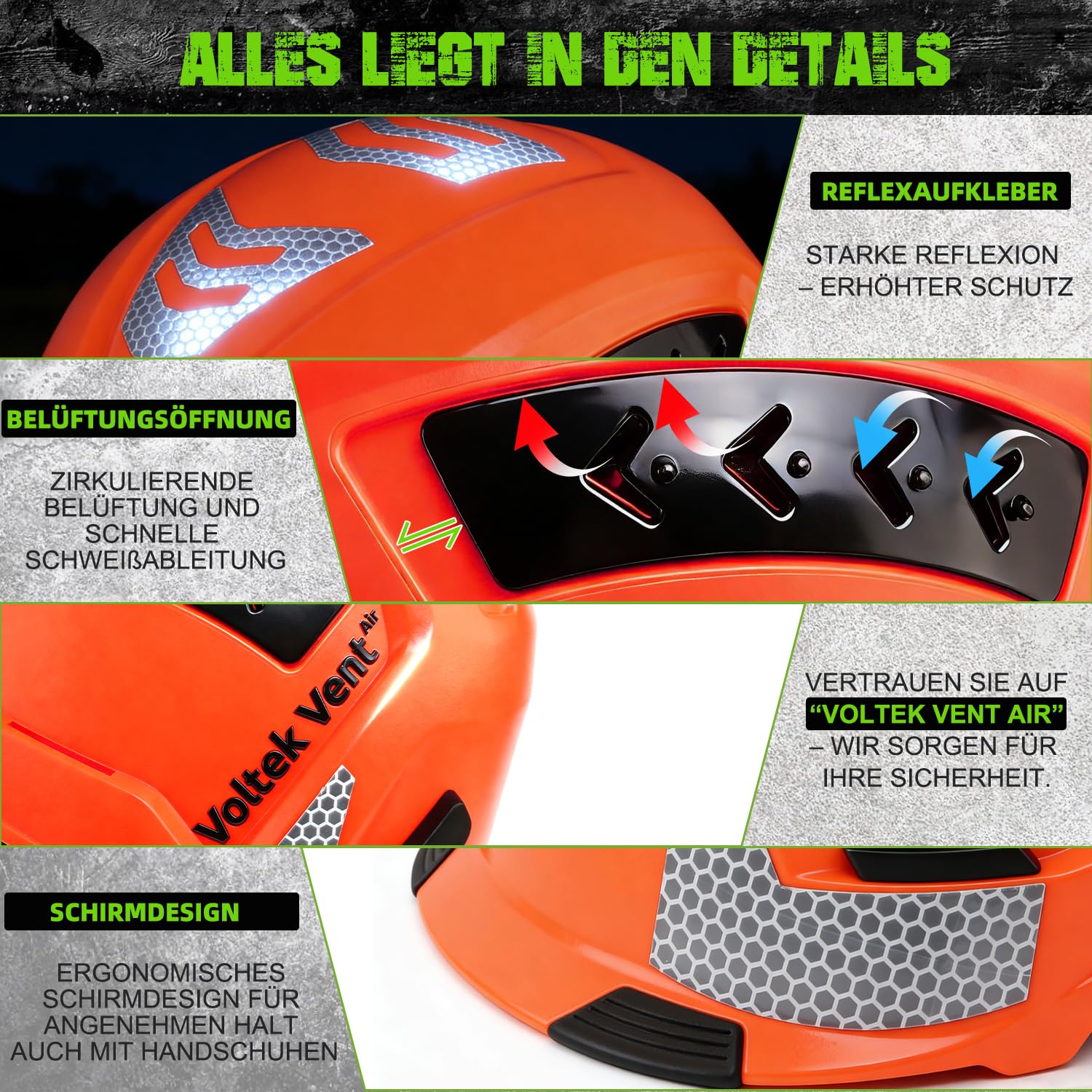 GREEN DEVIL Voltek Vent Air, casco industriale per adulti, con certificazione EN12492, resistenza agli urti e alla penetrazione EN397, test con protezione multipla su tutti i lati