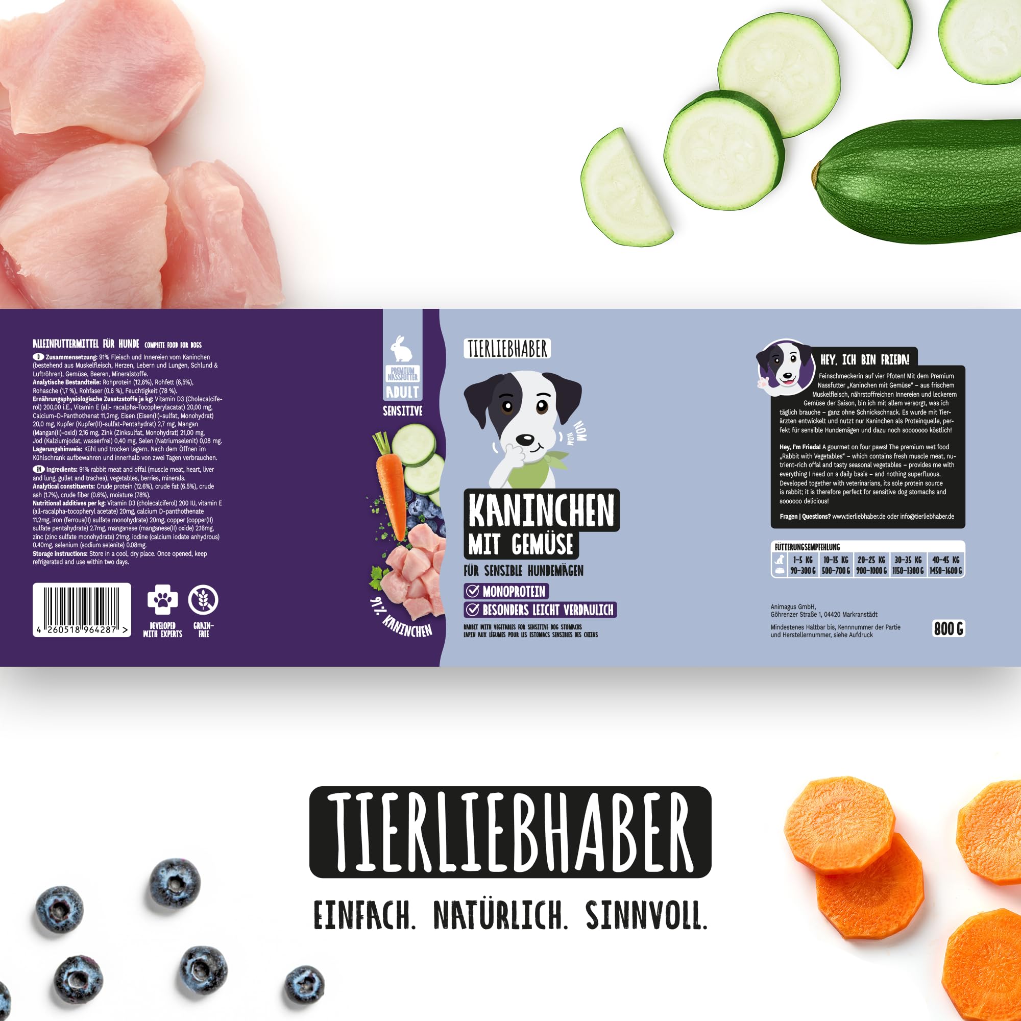 Hundefutter Nass 12x800g Kaninchen & Gemüse – Hunde Nassfutter Wet Dog Food | Tierärztlich entwickeltes Hundenassfutter 800g Dosen mit 91% Fleischanteil – Dog Food leicht verdaulich von TIERLIEBHABER