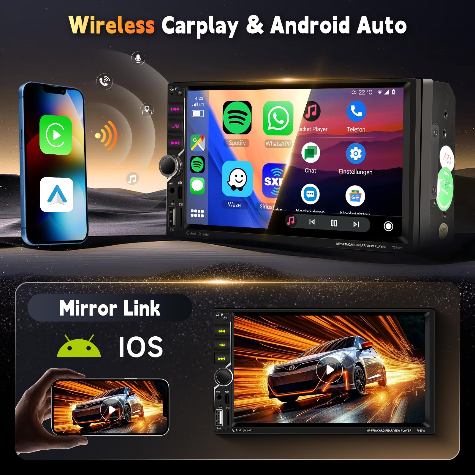 Hodozzy Autoradio 2 Din con CarPlay Wireless Android Auto, Stereo con Touchscreen 7 Pollici 2 Din Schermo con Bluetooth Vivavoce, Mirror Link, Universale Lettore MP5 Radio FM EQ USB/AUX, Retromarcia