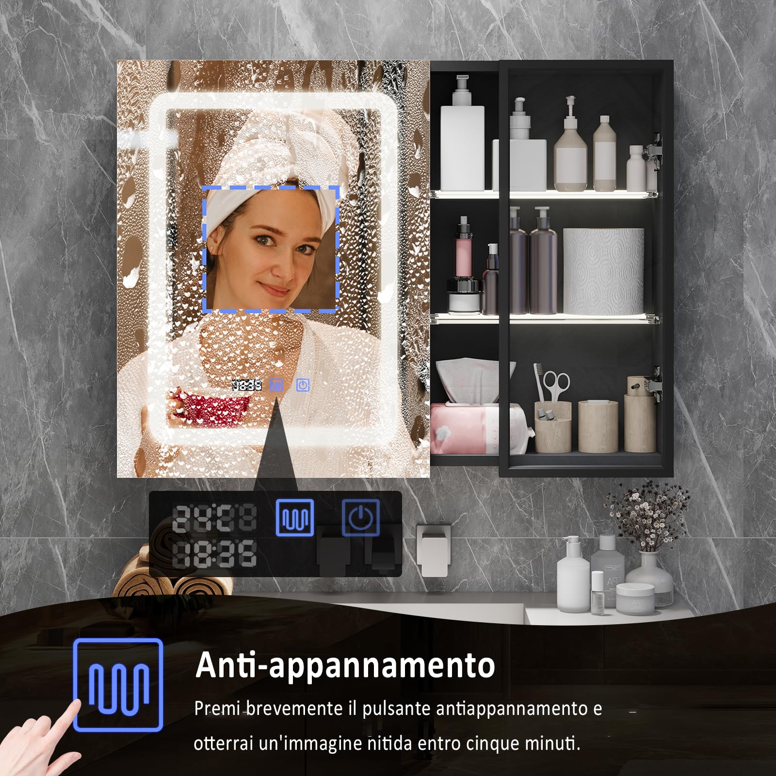 YU YUSING Specchio Contenitore Bagno con Luce 80x15x60 cm, Mobile Bagno con Specchio, Armadietto Bagno Sospeso, Specchiera bagno, 2 Ripiani Illuminati Aperti, Anta in Vetro, 3 Modalità di Luce, Nero