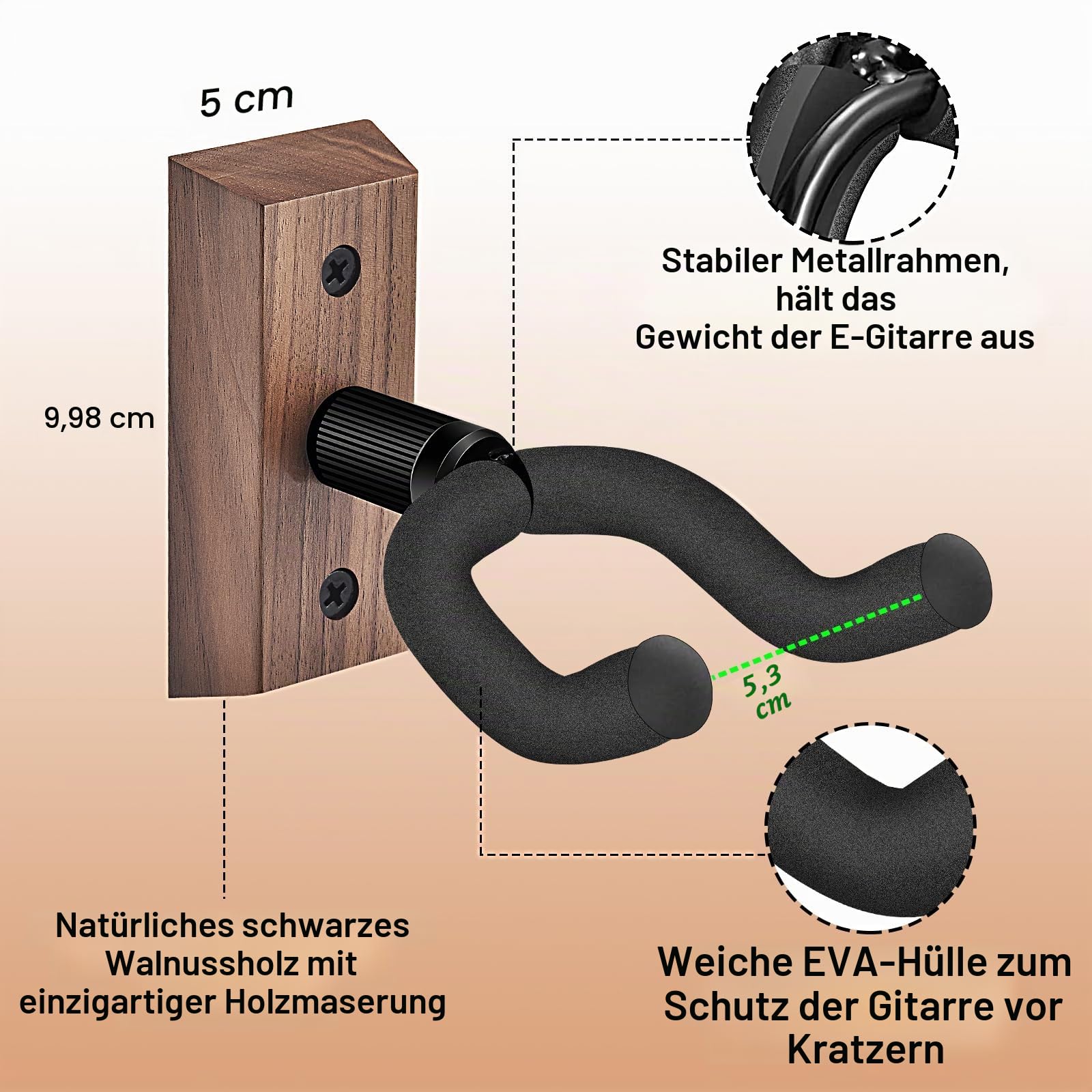 DOMMI Gitarrenhalterung Wand 4 Pack, Gitarrenhalter für die Wand mit Verstellbaren Weichen Gitarrenhaken für alle Gitarrengrößen, Hartholz U-förmige Gitarren Wandhalterung für Akustik (Black walnut)