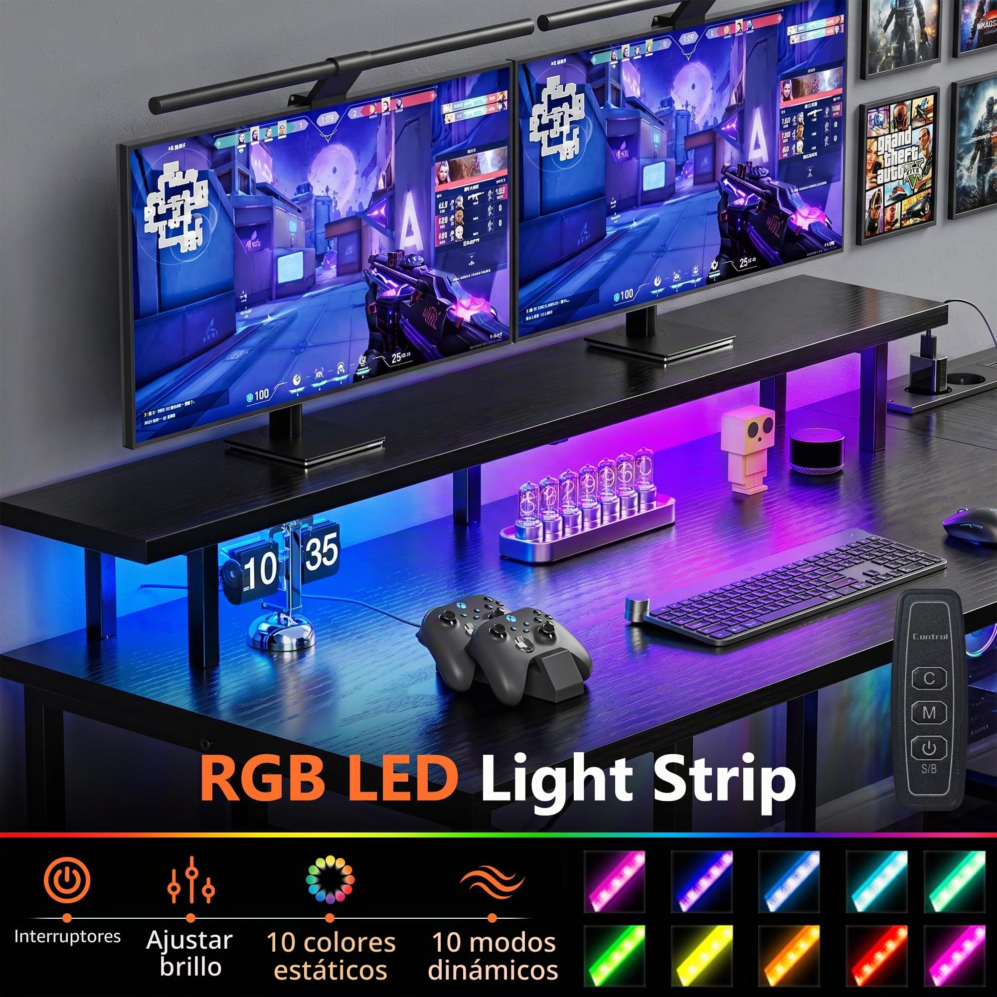 YOUDENOVA Escritorio con 4 Cajones, 142x107cm, Escritorio Esquinero Reversible con LED y Enchufe, Escritorio Gaming en L con Soporte para Monitor, Mesa Escritorio para Home Office y Gamer, Negro
