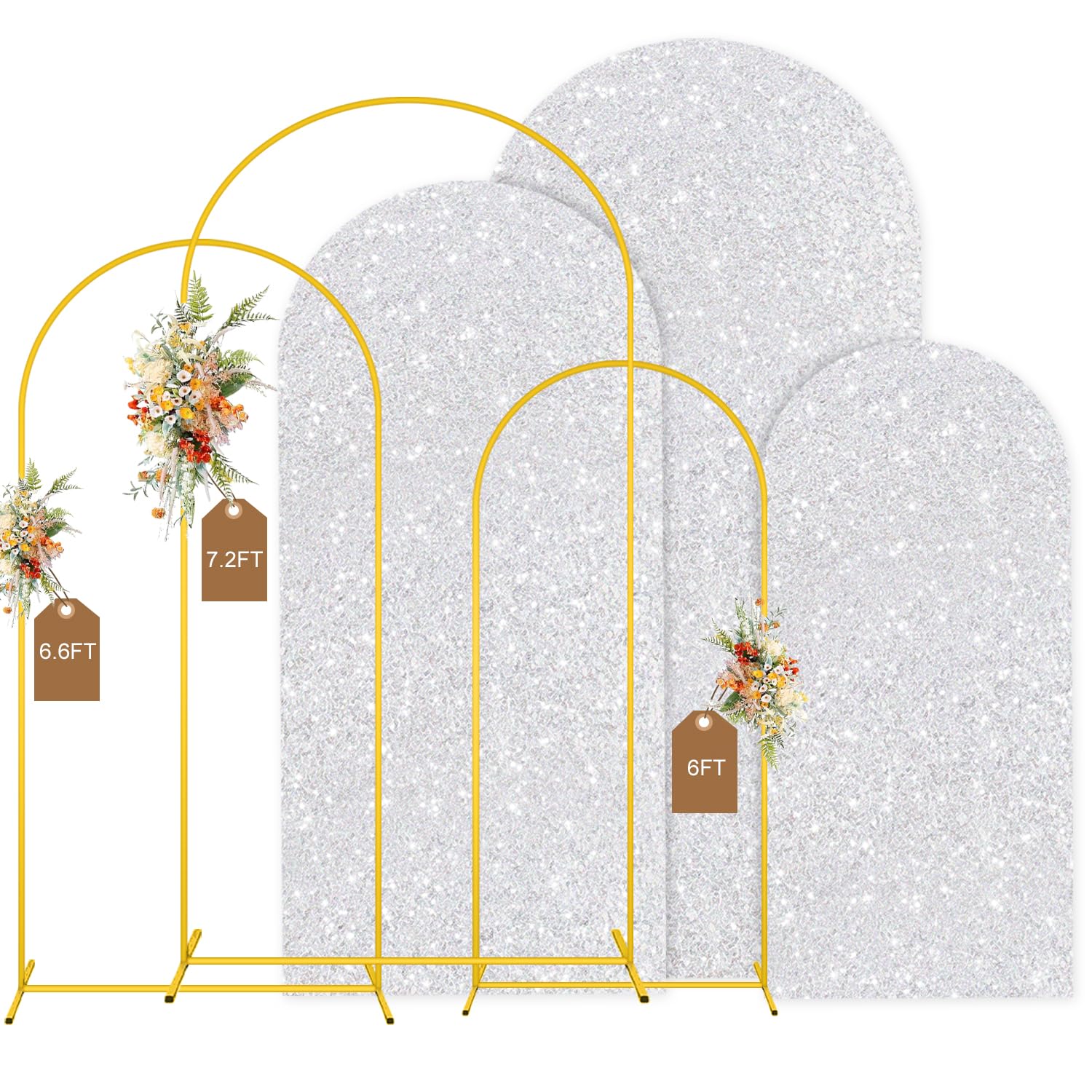 MODFUNS Arch Backdrop Stand and Cover Set 6&6.6&7.2ft Silver Sequins Arch Covers Set of 3 Gold Arched Backdrop Stands Chiara Arches Cover for Party