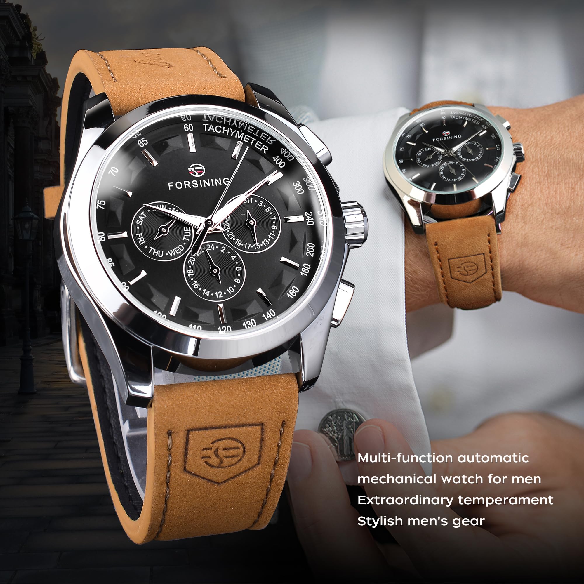 FORSINING Men's Transparent Sport Watch, Luxury Genuine Leather Strap Fashion Automatic Mechanical Skeleton Watch Mens Watches