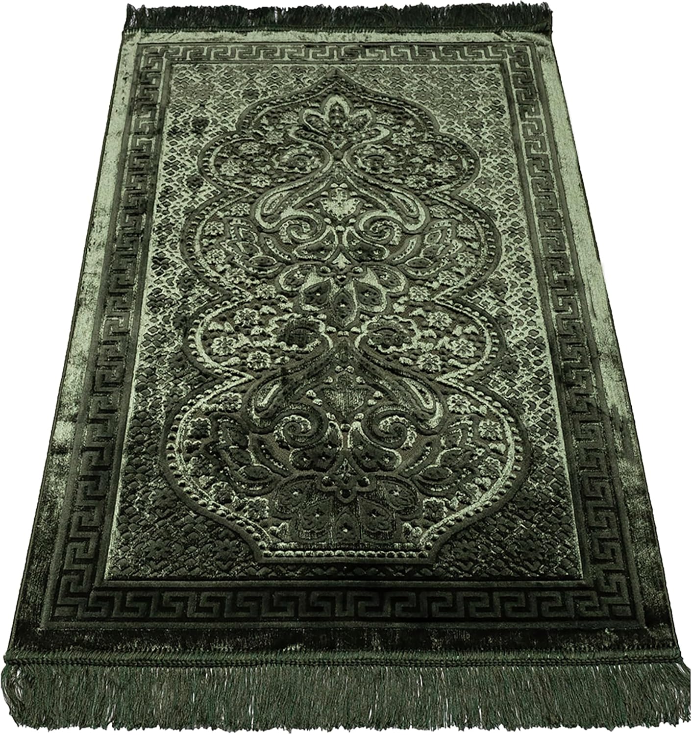 Modefa Luxury Velvet Prayer Rug with Prayer Beads | Soft Elegant Muslim Turkish Janamaz Sajada Carpet for Men and Women | Plain Solid Prayer Mat Ramadan Eid Gift - Paisley (Dark Green)