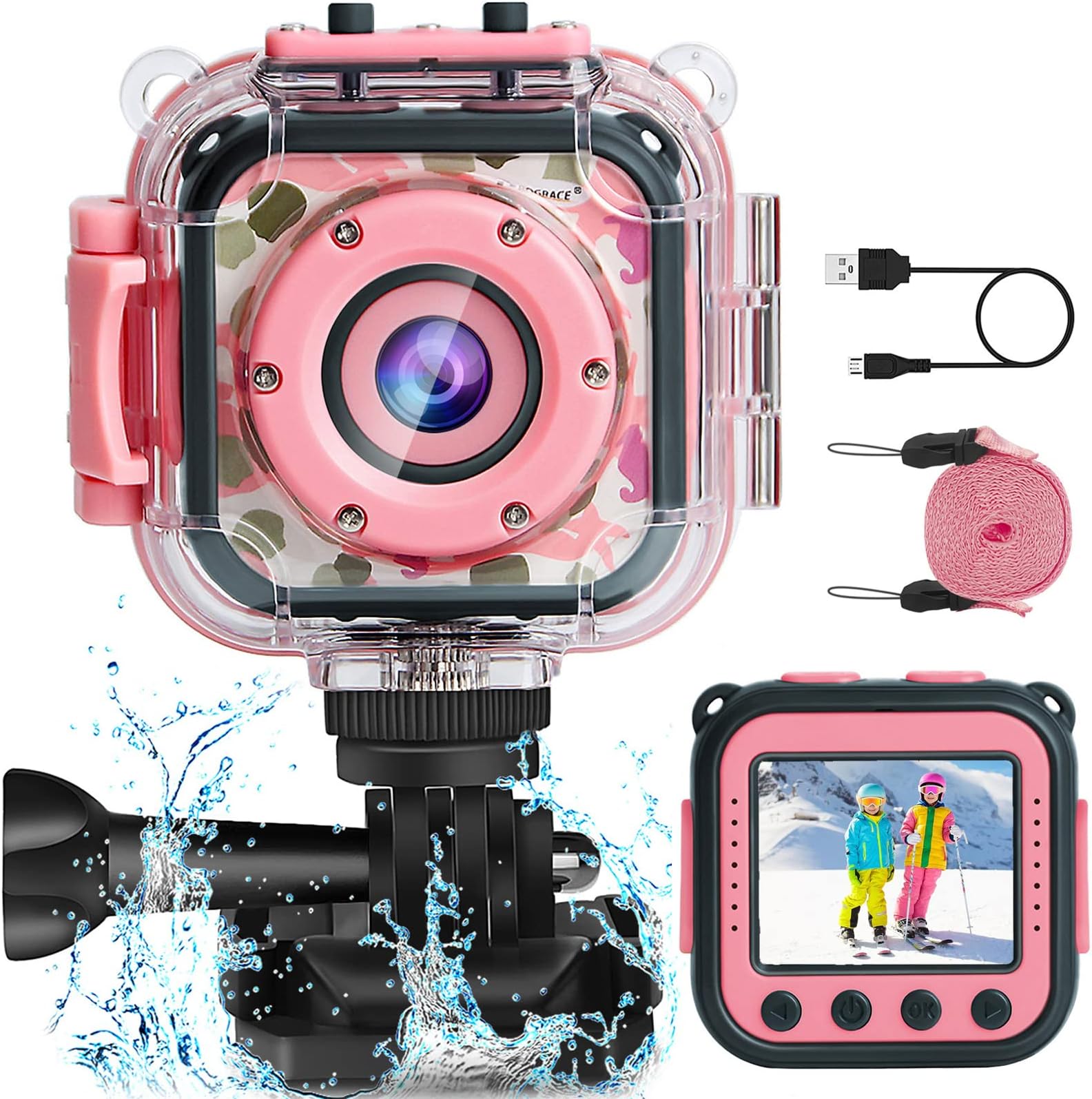 PROGRACE Children Kids Camera Waterproof Digital Video HD Action Camera 1080P Sports Camera Camcorder DV for Girls Birthday Holiday Gift Learn Camera Toy 1.77'' LCD Screen (Pink) Pink