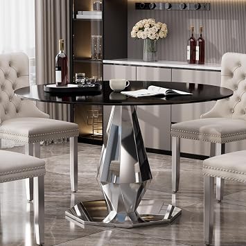 RGZ Modern Silver Luxury Round Dining Table for 4-6, 47 Black Circle Glass Top Kitchen Table with Stainless Steels Base, Large Circular Minimalist Apartment Dinner Table for Home, Living Room, Tea