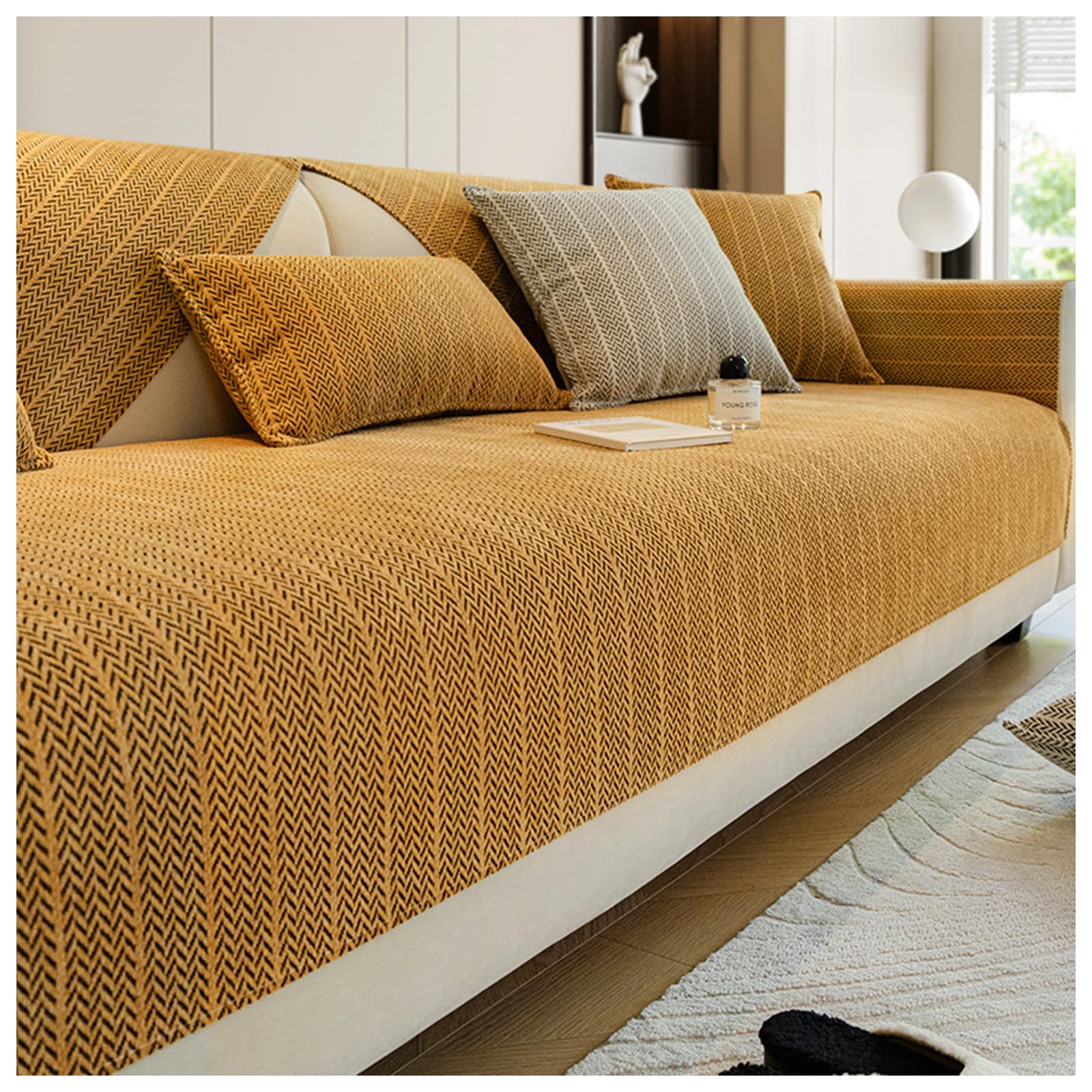 Solid Color Chenille Anti-Scratch Herringbone Couch Cover, Non Slip Sofa Cover, Washable All-Seasons Anti-Scratch Home Decoration Slipcover for Living Room (Caramel,90 * 180cm)