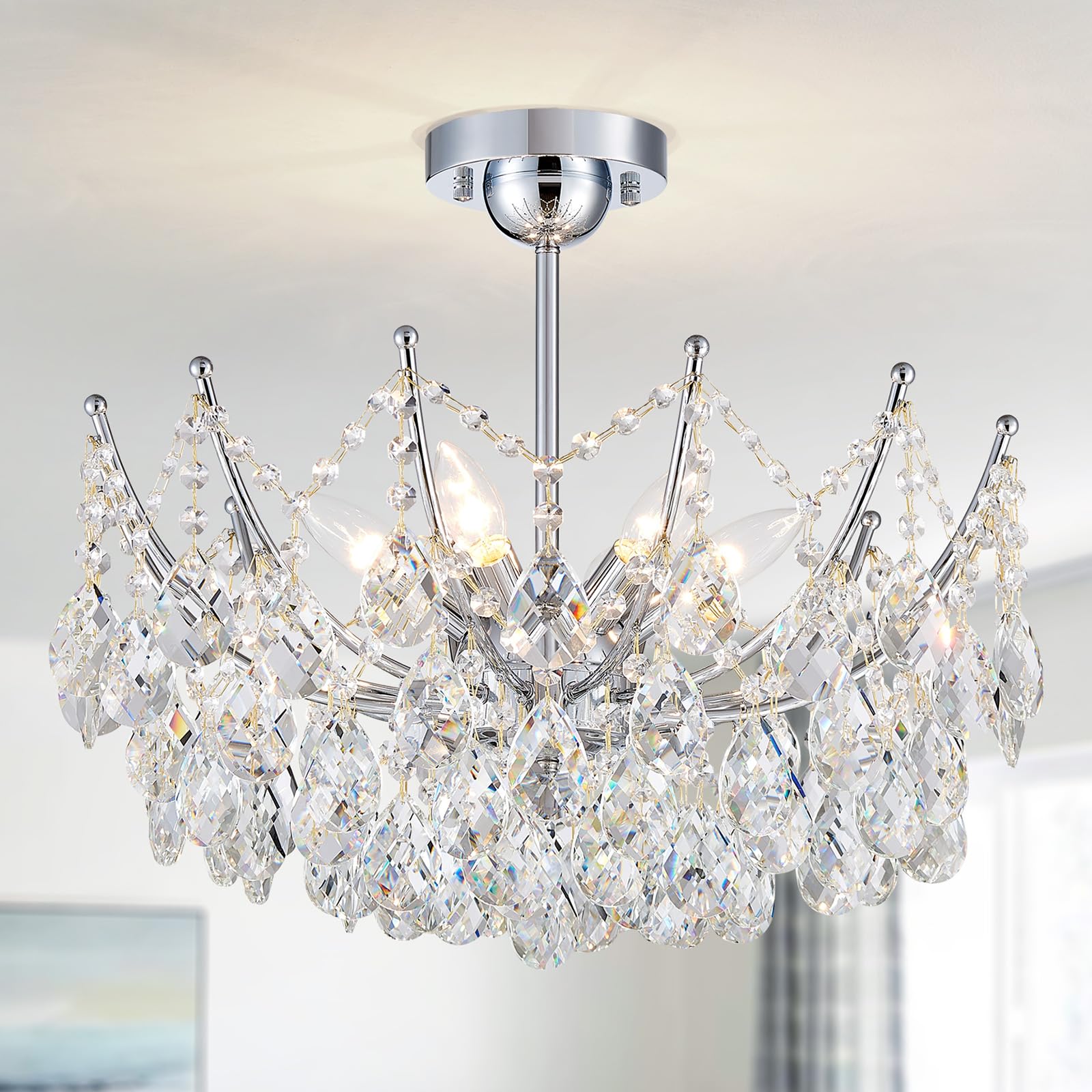 WUZUPS Crystal Chandelier 6-Light Pendant Ceiling Light Modern Lighting Fixture for Bedroom Hallway Bar Kitchen Bathroom, H 48.7 x W 50, E14 Base, Antique White