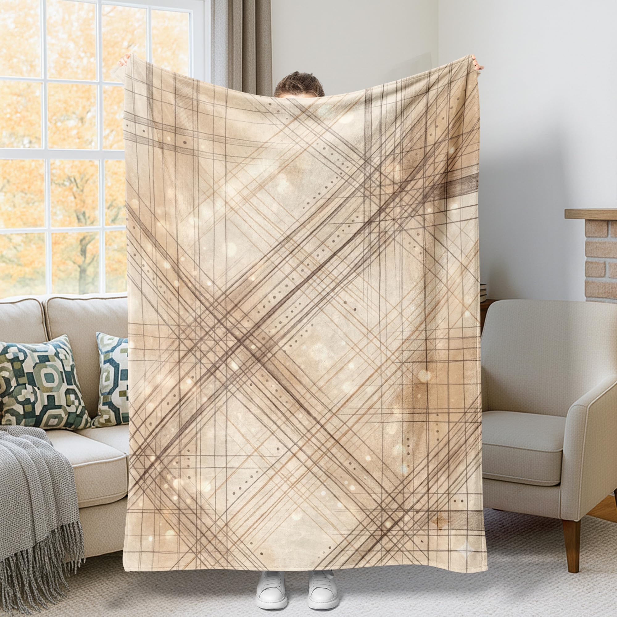 Couverture en polaire haut de gamme Lignes beige 152 x 203 cm