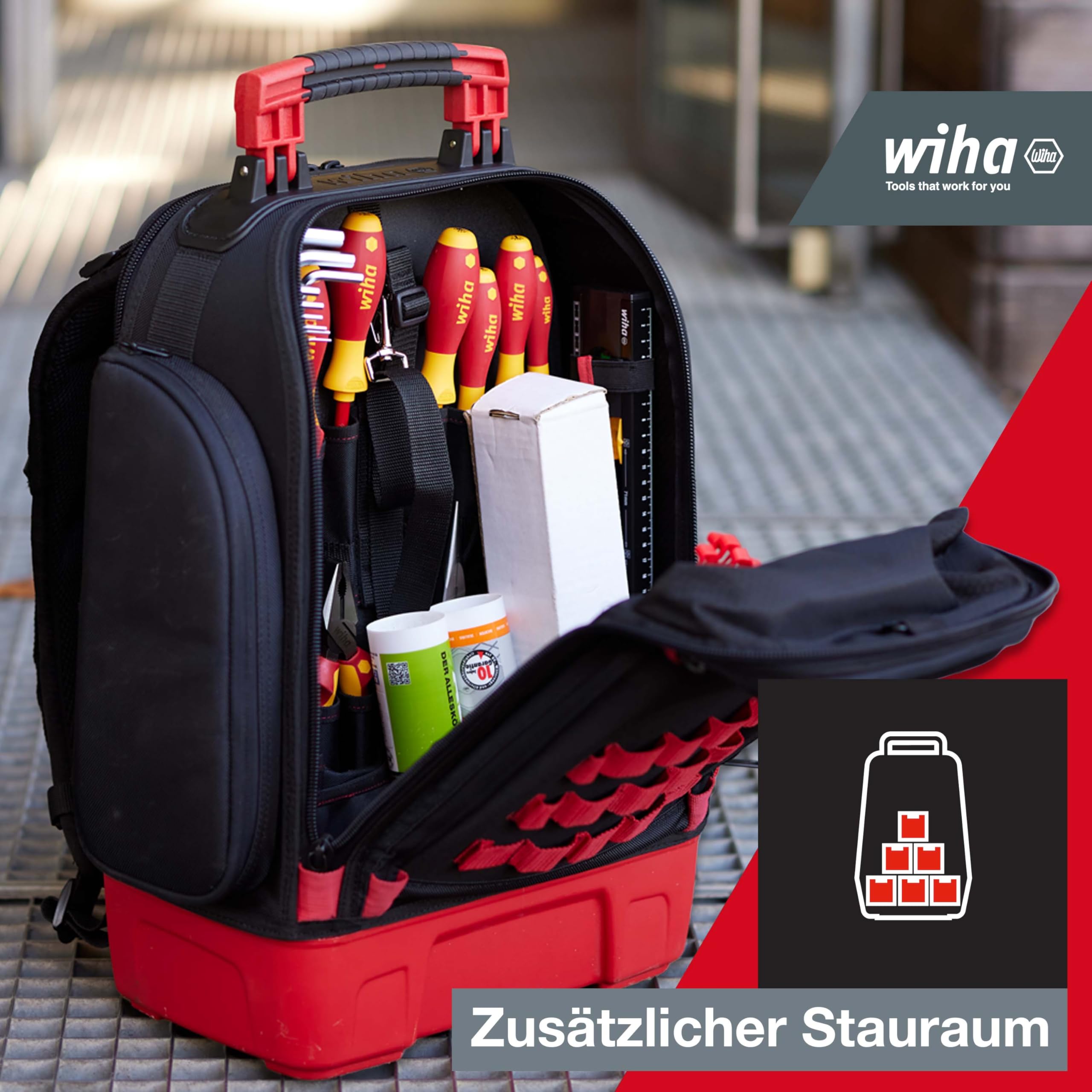 Wiha Elektriker Werkzeugrucksack 27-tlg. I mit Elektriker Grundausstattung I stabiler Standboden I mit Laptopfach I Taschen für Zubehör (45528) | (45528) Arbeitsrucksack I stabiler Standboden I mit Laptopfach I Taschen für Zubehör I Werkzeugtasche für Ele