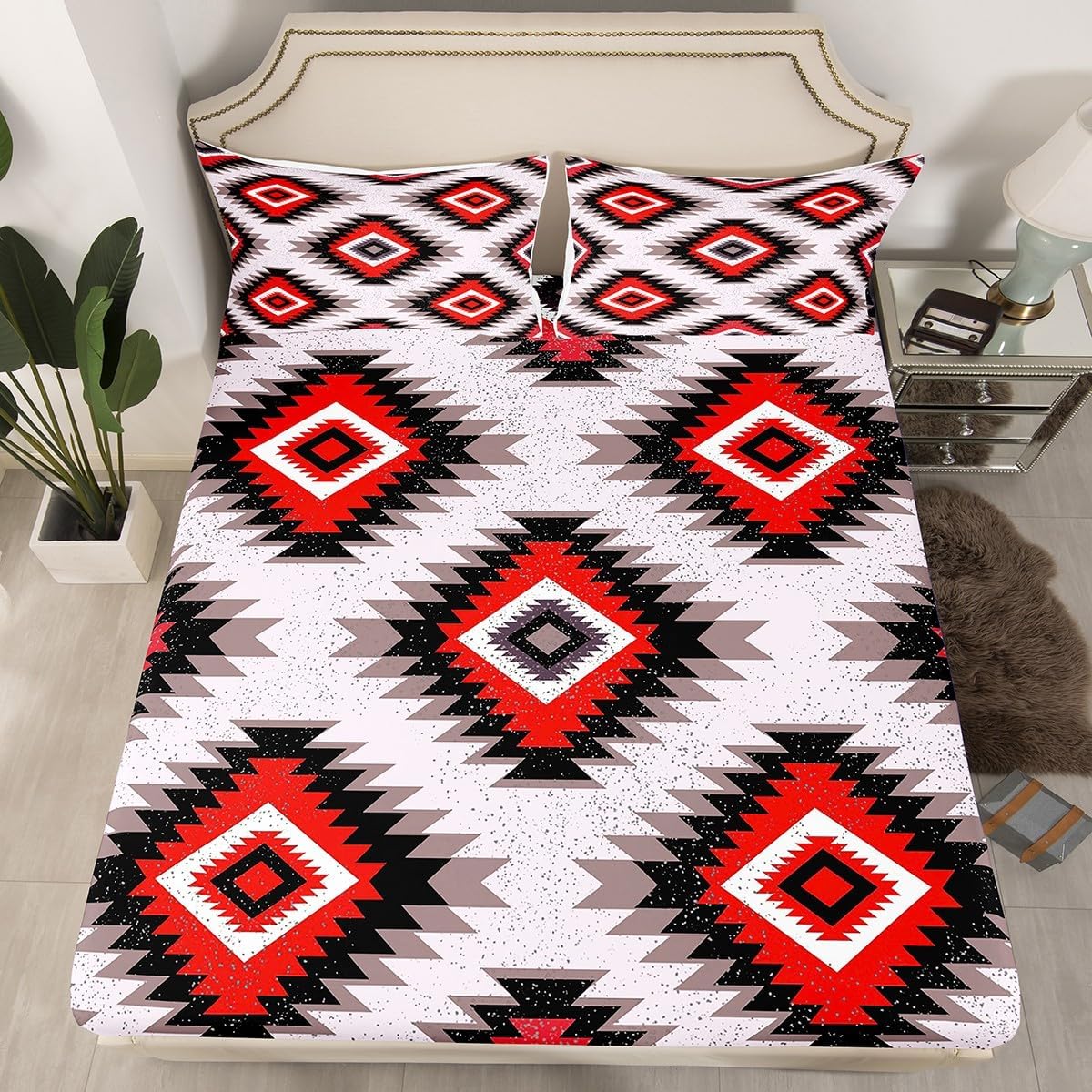 Kids Southwest Native American Design Fitted Sheet Queen Size Red Grey Geometric Bed Sheet Set for Boys Girls Teens Bedroom Decor Tribal Bedding Set Set Women Men Bed Cover with 2 Pillow Case