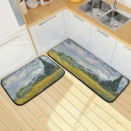 Wheat Fields Van Gogh Style - Tapete de cocina impermeable de 2 piezas, antifatiga, cómodo, para ruedas, juego de alfombras verticales,