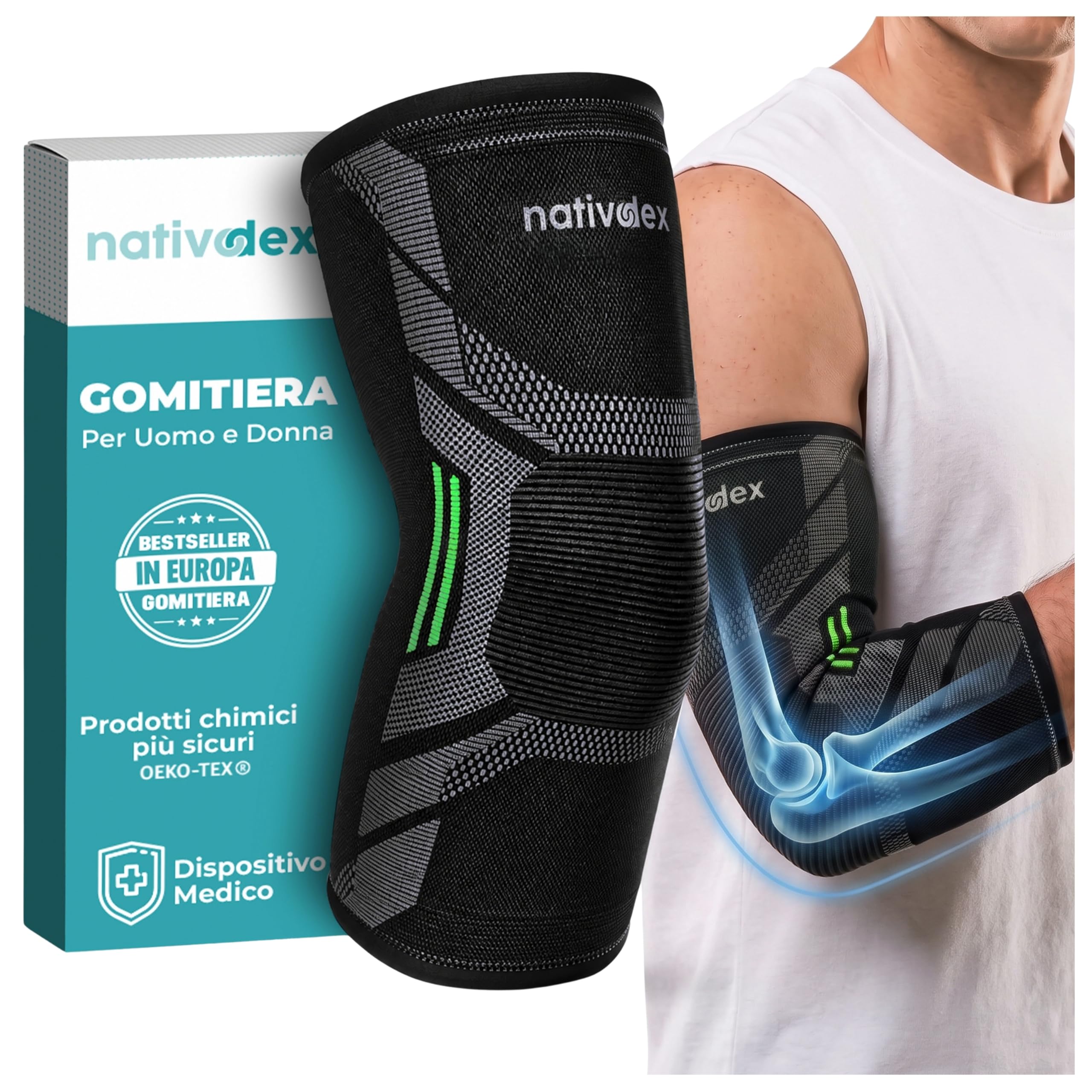 NativoDex Tutore Epicondilite Gomito, Gomitiera per Tendinite | Compressione Elastica · Per Epitrocleite e Tendinite al Gomito · Traspirante e Antiscivolo
