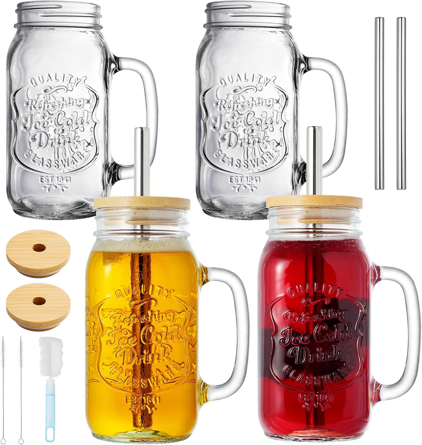 4 Pack 24oz Mason Drinking Jars with Lids and Straws, Iced Coffee Cup with Handle and 3 Brushes, Glass Mugs Ideal for Cold Beverages, Juice, Smoothie, Cocktails