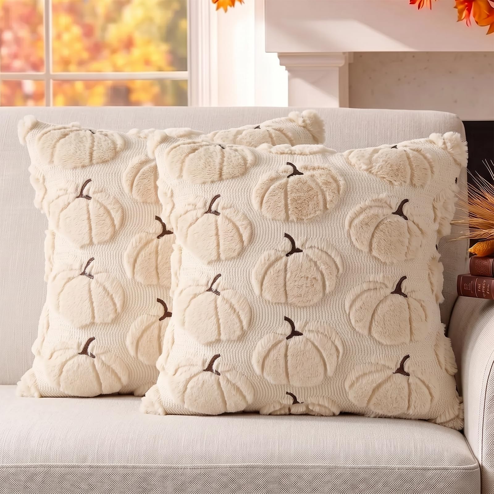 DANGEAB Plush Pumpkin Embroidery Covers, Set of 2