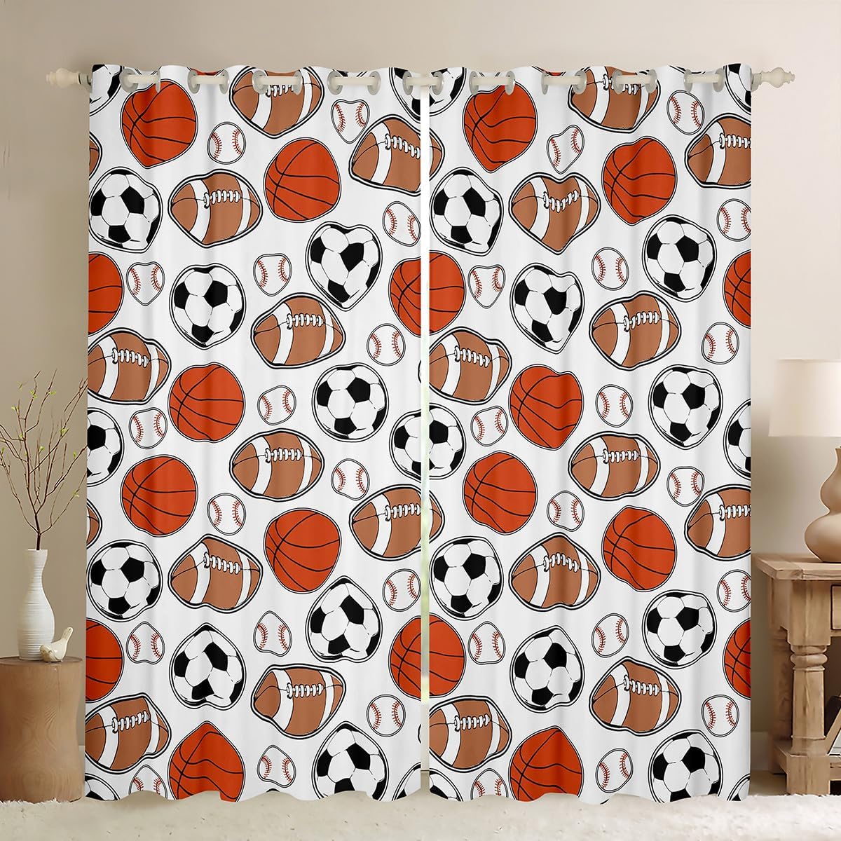 Feelyou Basketball Curtains for Bedroom Living Room (2 Panels, 38 x 45 Inch) Football Darkening Drapes Football Soccer Blackout Curtains Rugby Baseball Sports Theme Window Treatments