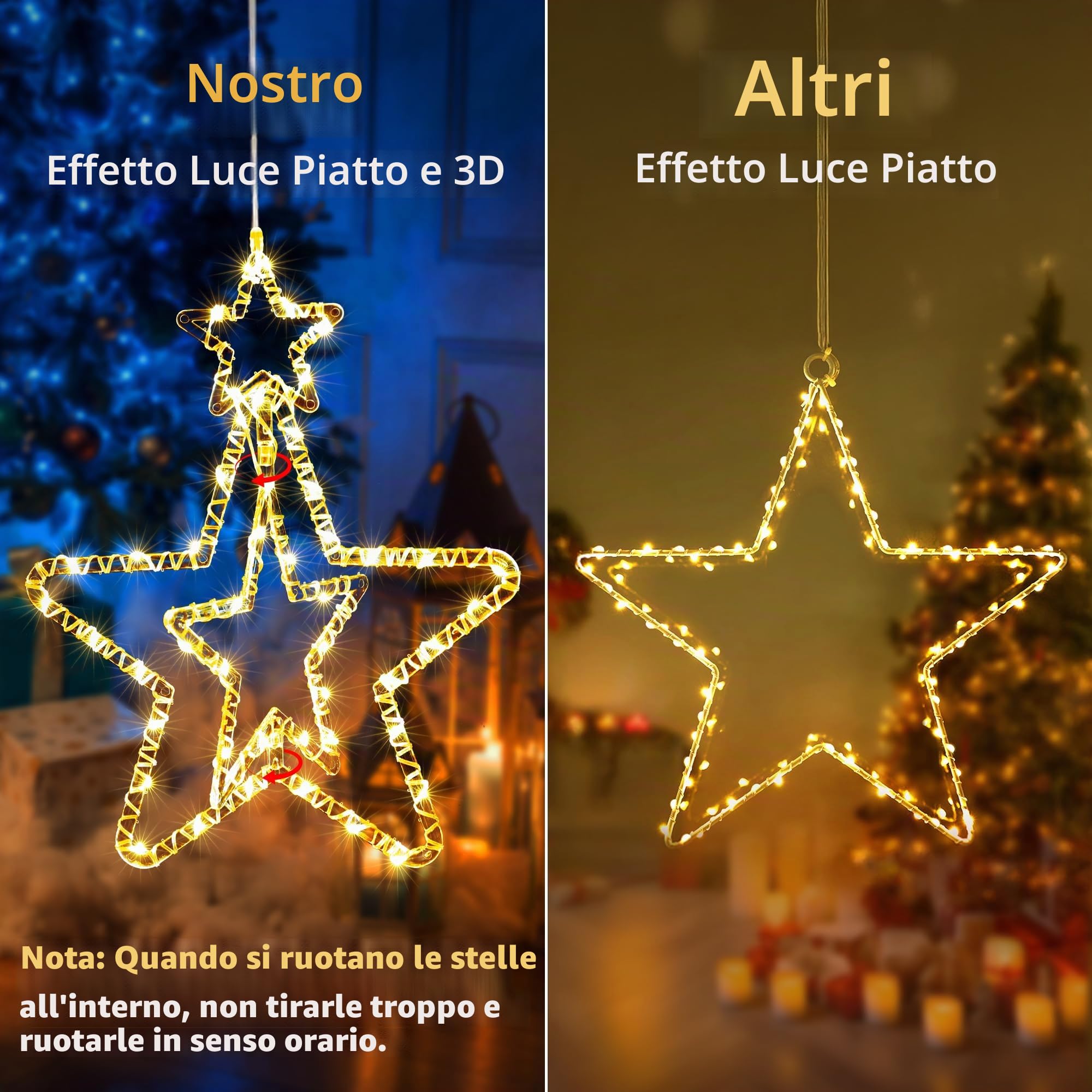BrizLabs Luci a Stella di Natale, 4 Pezzi 48 LED Luci Natalizie per Interni a Batteria Girevoli 3D Stelle Luci Natale Decorazione per Finestra Esterno Matrimonio Balcone Festa, Bianco Caldo