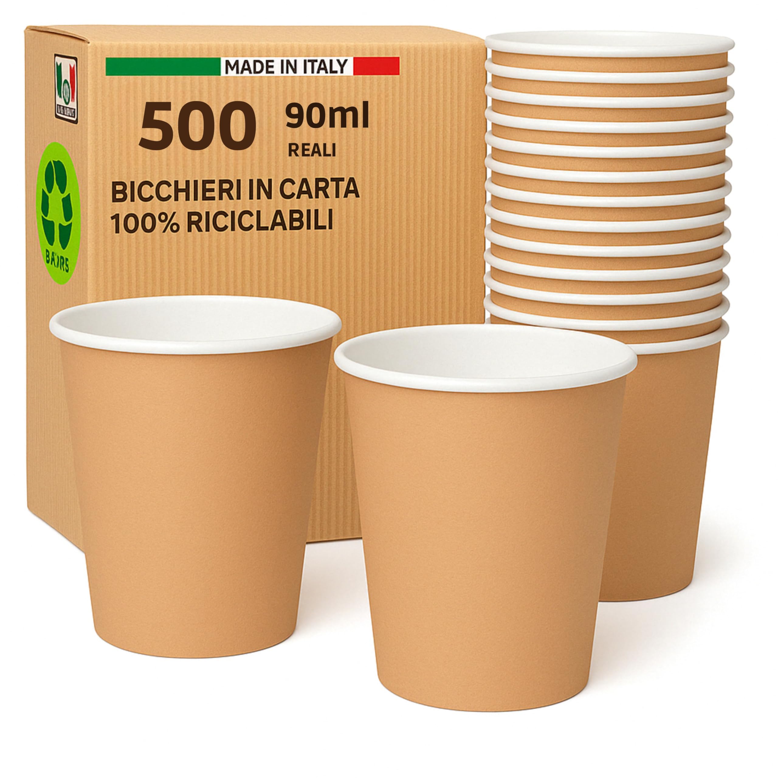 ecodrinks - 500 Bicchieri Caffe Carta Da 90ml - Set Bicchierini Monouso per Bevande Calde/Fredde - Biodegradabili, Eco-friendly e Made in Italy, Avana