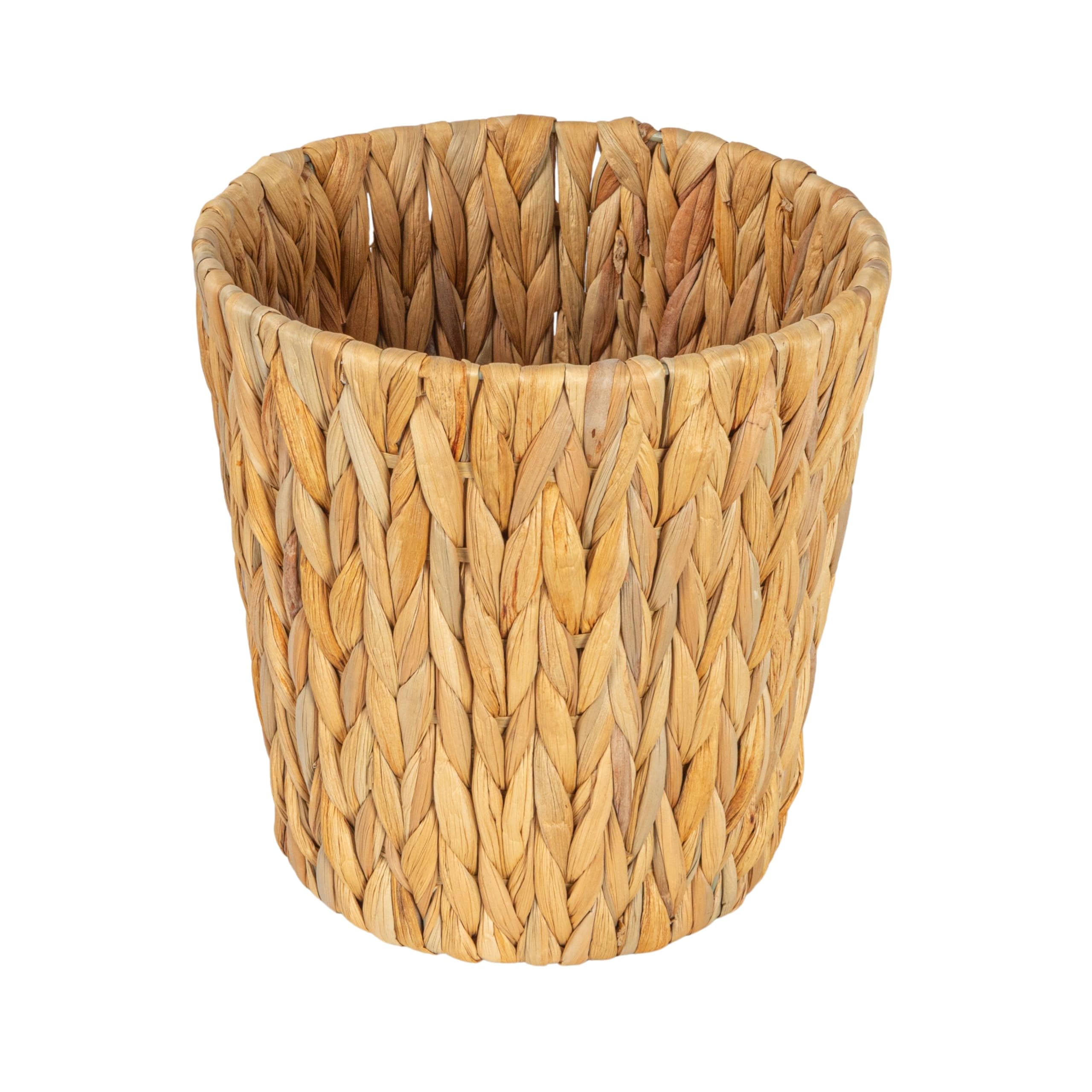 household essentials handwoven round water hyacinth waste basket with plastic liner, natural