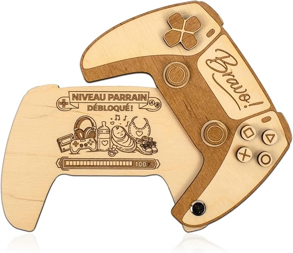 Ernestine - Annonce Grossesse Parrain Gamer – Manette PlayStation en Bois Gravée “Bravo – Niveau Parrain Débloqué”, Cadeau Futur père, Idée Annonce Bébé, Naissance, Noël - annonce grossesse parrains - 1