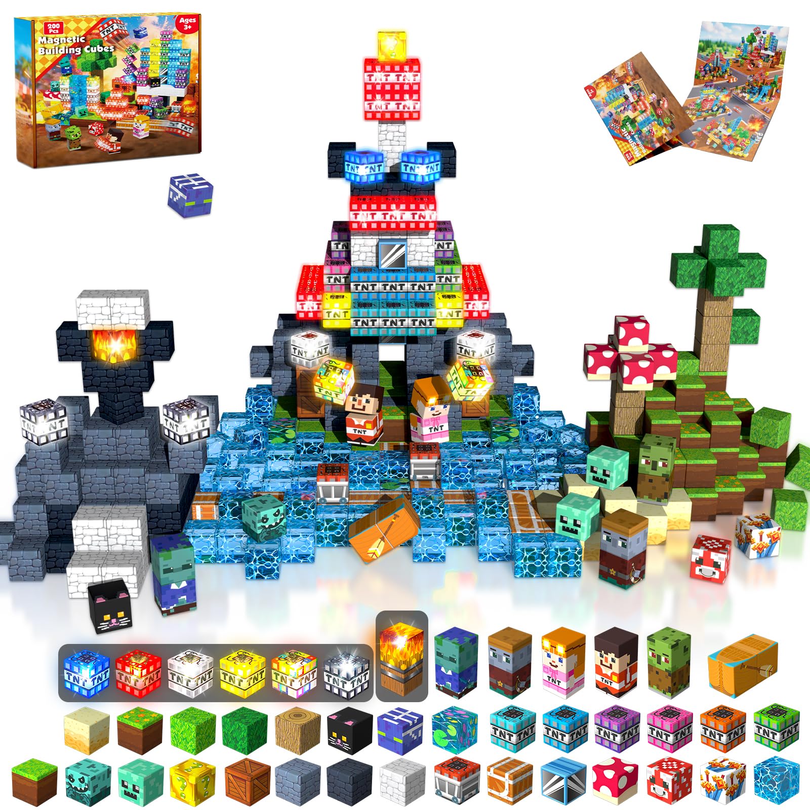 ToyUnited Goody King 200 PCS Magnetische Bausteine mit LED Licht - Leuchtende Magnetblöcke Set für Kinder ab 3-12 Jahre, Pädagogisches Mint Spielzeug, Kreative 3D Bauklötze im Retro-Stil