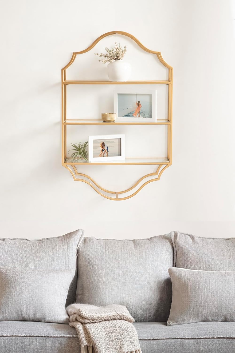 Kate and Laurel Leanna Scalloped Three-Tiered Wall Shelf, 20 x 32, Gold, Decorative Floating Shelf Storage and Wall Organizer for Bathroom Over Toilet Storage or Display