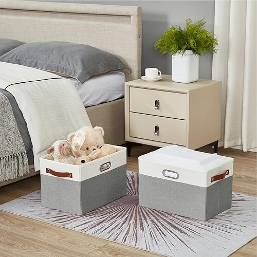 Miniatura 7 de Contenedores grandes de almacenamiento de tela plegables con 3 asas, cestas organizadoras plegables para armario, estantes, sala de estar, paquete