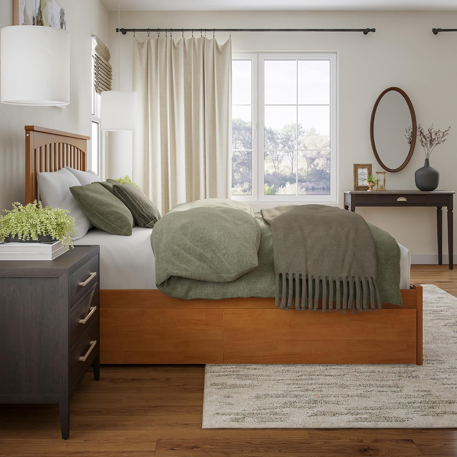 AFI Mission Queen Solid Wood Platform Bed with Footboard & Storage Drawers in Light Toffee