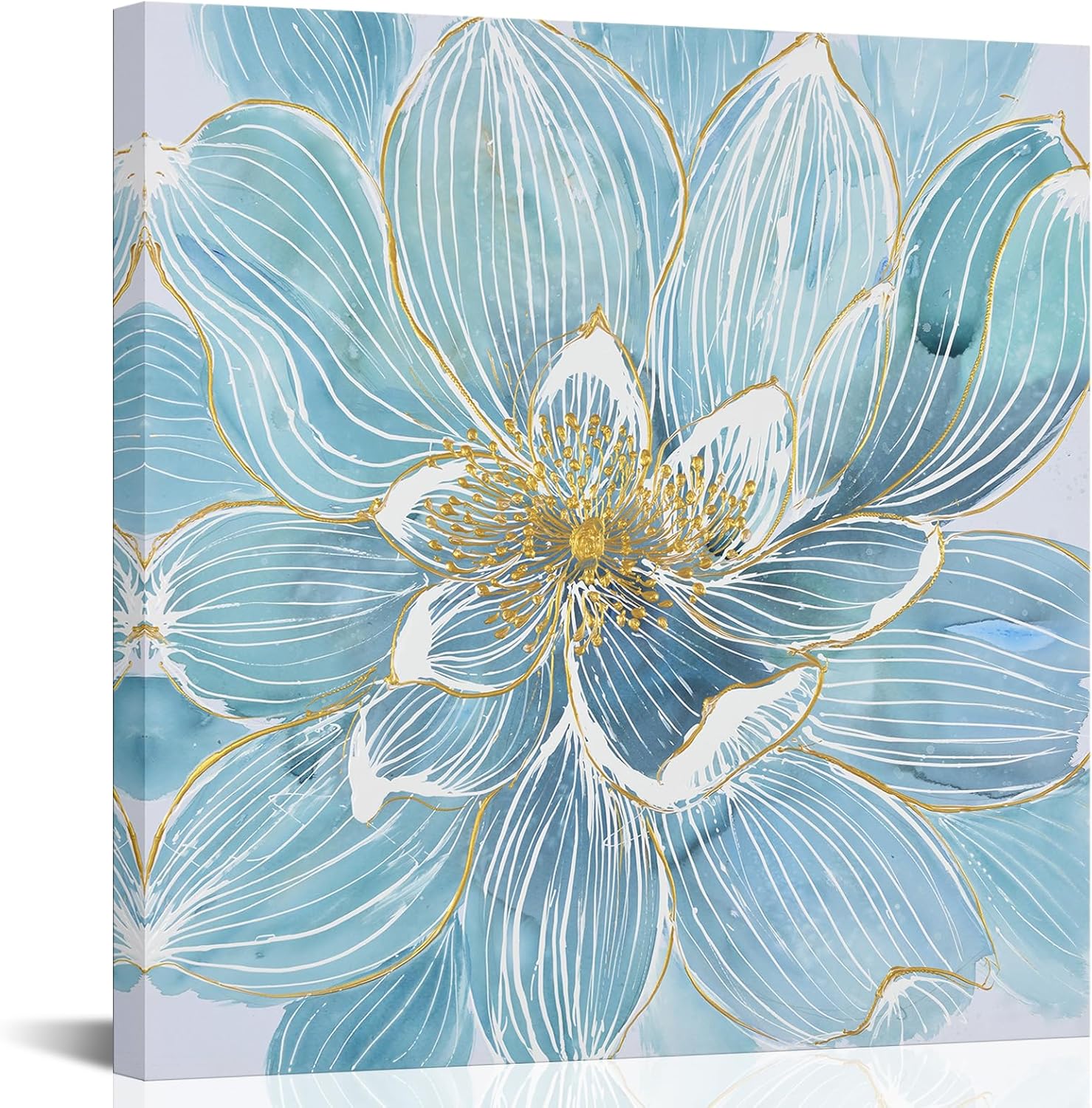 iLOOKLiKE Blue Floral Wall Art Abstract Flower Blooms Canvas Prints Modern Square Painting Poster Framed for Living Room Bedroom Home Decor Ready to Hang 24x24inch
