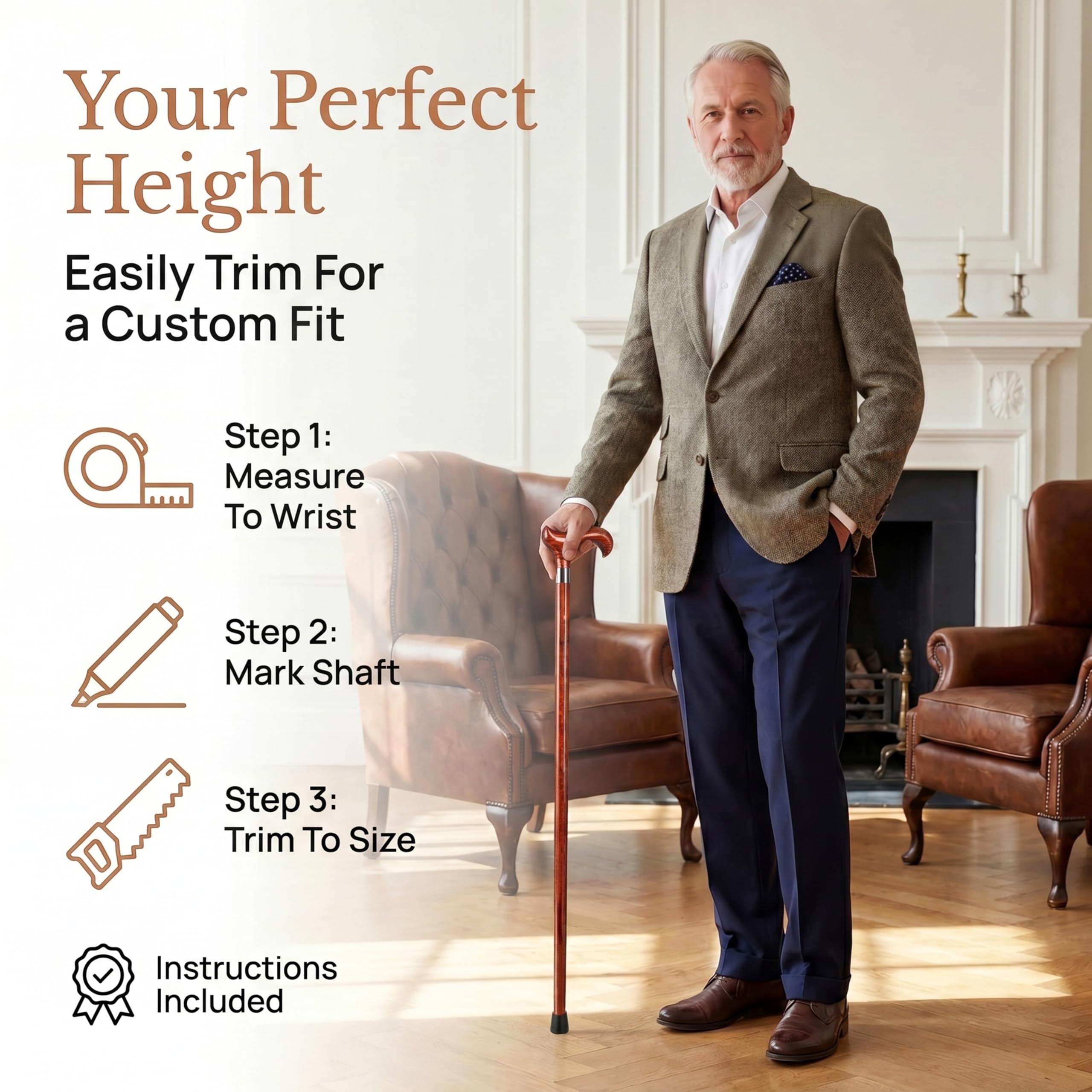Dr. Watson Classic Derby Walking Stick – Handcrafted Ash Wood Cane with Polished Stainless Steel Collar