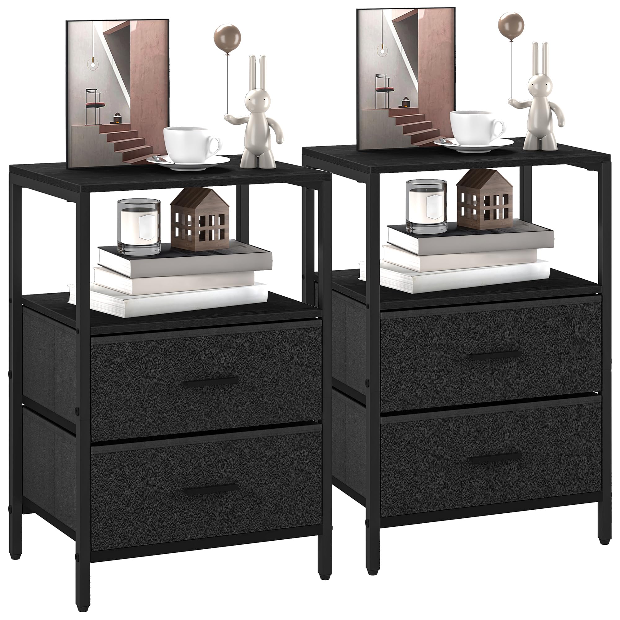 Hzuaneri Bedside Table Set of 2, Side End Table with 2 Fabric Storage Drawers, Bedside Cabinet with Open Storage Shelf, Nightstand for Bedroom, Livingroom, Office, Black UKNS30704B — image 1
