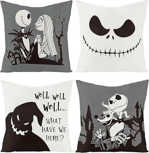Miniatura 1 de 4 fundas de almohada navideñas de Halloween Jack y Sally de 18 x 18 pulgadas, fundas decorativas de lino para el hogar, sofá, cama