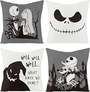 4Pcs Halloween Jack and Sally Christmas Pillow Covers 18x18 Inch Horror Cartoon Skull Throw Pillow Case Decorations Linen Decorative Square Cushion Covers for Home Sofa Couch Bed
