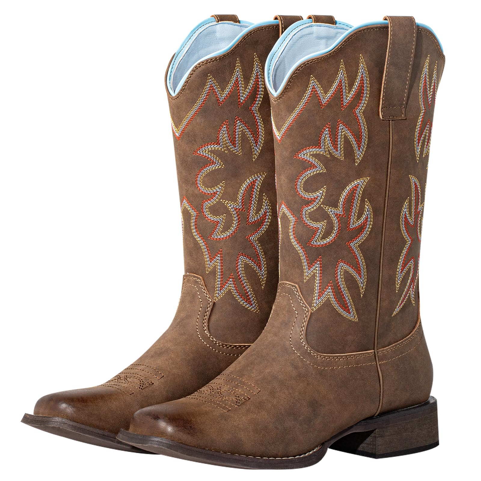 J's.o.l.e Stivali da cowboy da donna con punta quadrata, polpaccio largo, stile western, con ricamo classico, marrone