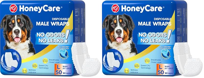 Fralda descartável para cães machos com ajuste elástico HONEY CARE, tamanho Grande, pacote com 2 embalagens de 50 unidades