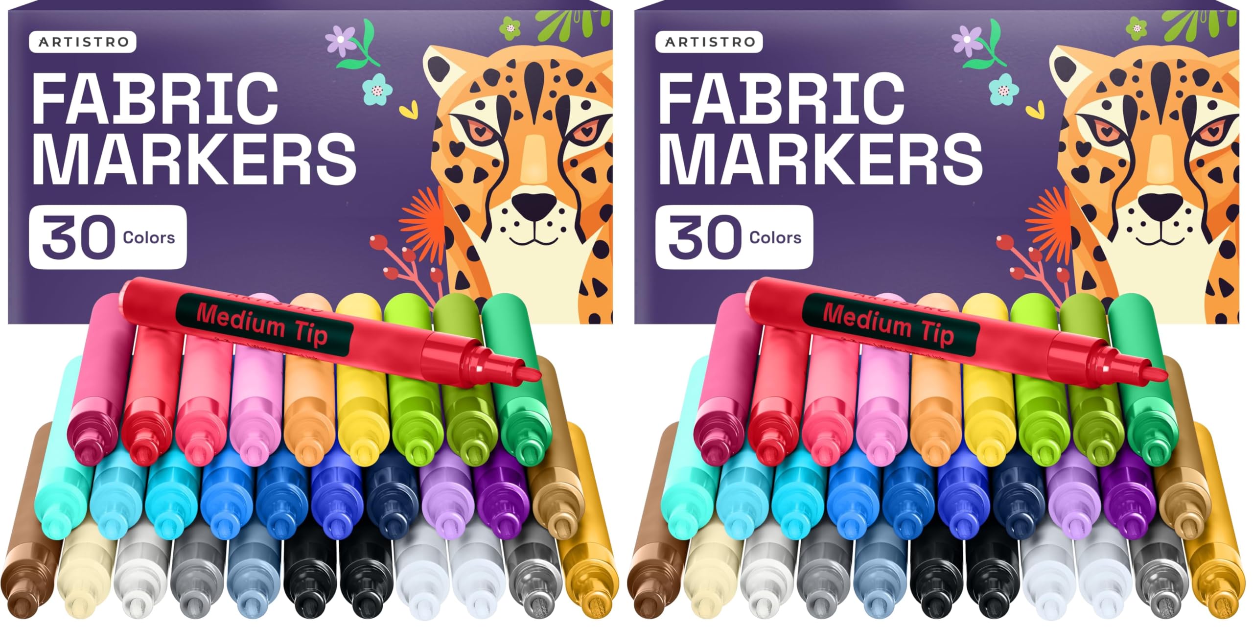ARTISTRO 30 Fabric Markers - Fabric Decorating Kit - Permanent for Clothes - No Bleed Pens for T-Shirts, Bags, Textile, Canvas, and More (Medium Tip) (Pack of 2)