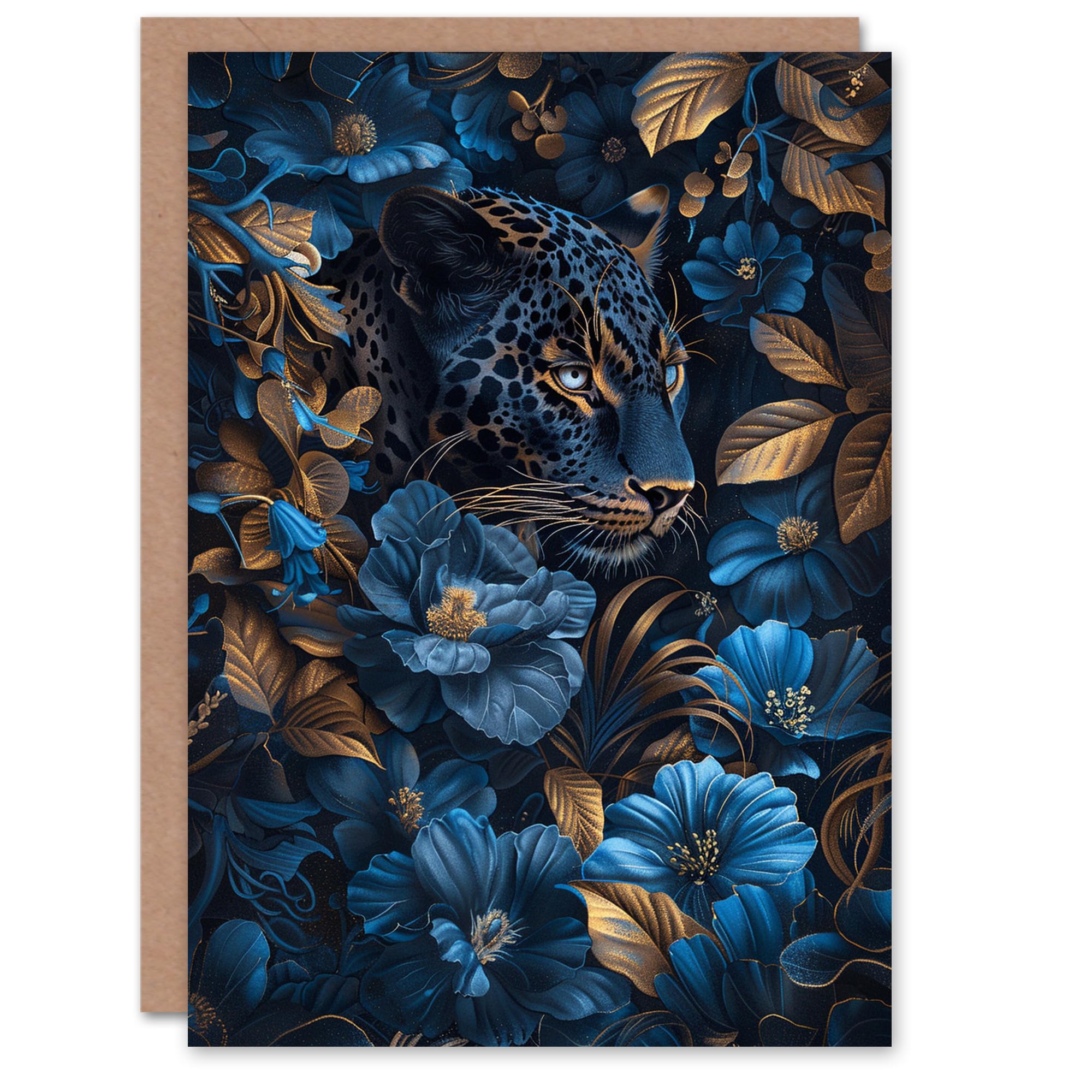 Artery8 Birthday Card Leopard Jaguar Blue Gold Nature Floral Jungle For Her Gran Sister Niece Daughter Wife Woman Greeting Card