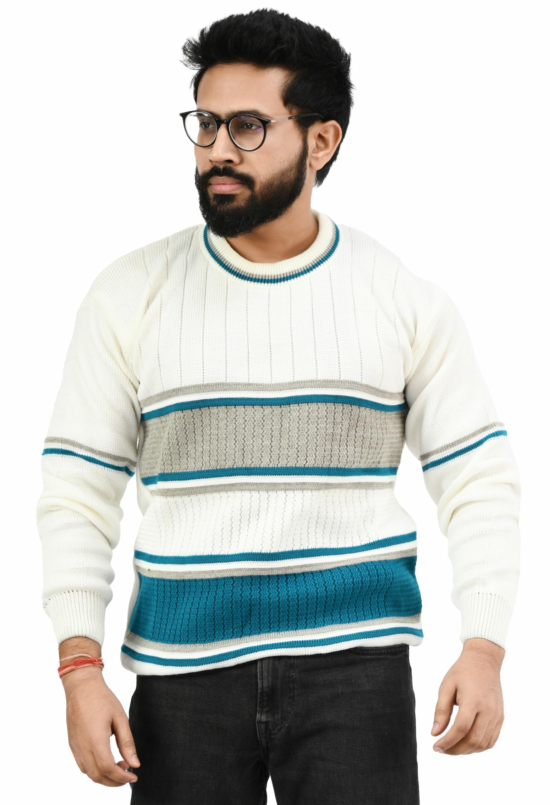 Men Round Neck Wide Stripe Full Sleeve Woolen Winter Pullover Sweater_Teal Green (Men Round Neck Sweater/Size 38-40)
