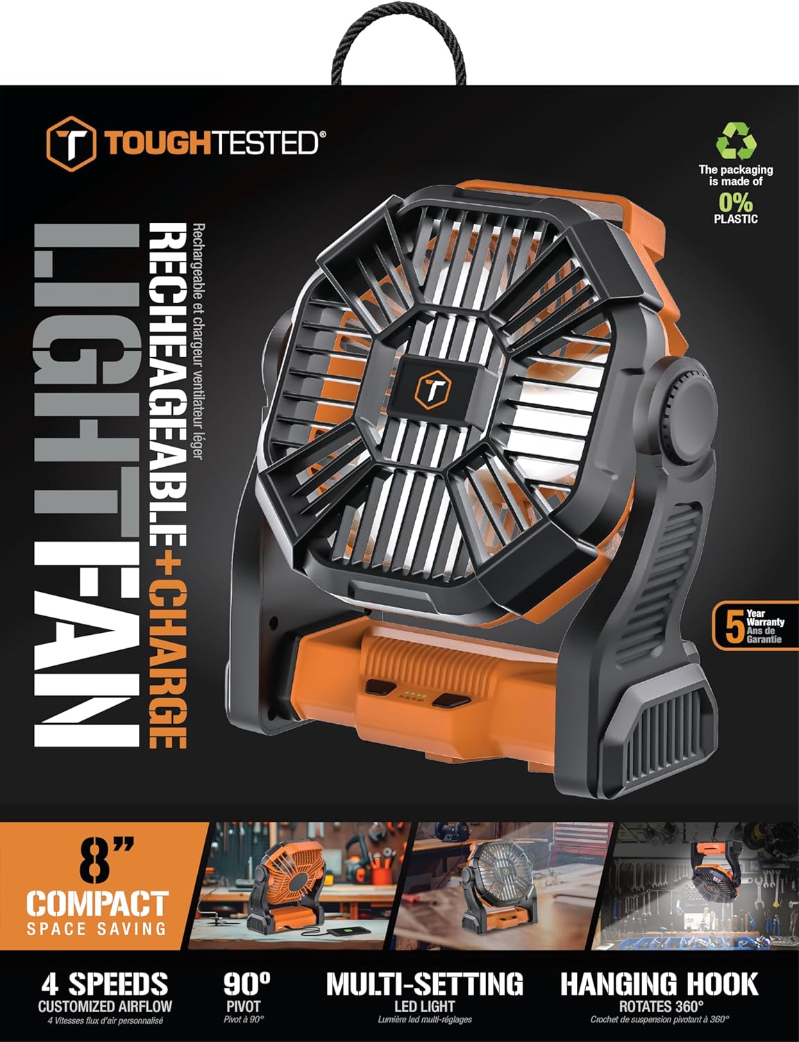 ToughTested Camping Fan with LED Light – 58H Runtime, 4-Speed Wind, 360° Rotation & Hook – Portable Tent Fan for Camping, BBQ, Travel, Beach, Outdoor & Indoor Use