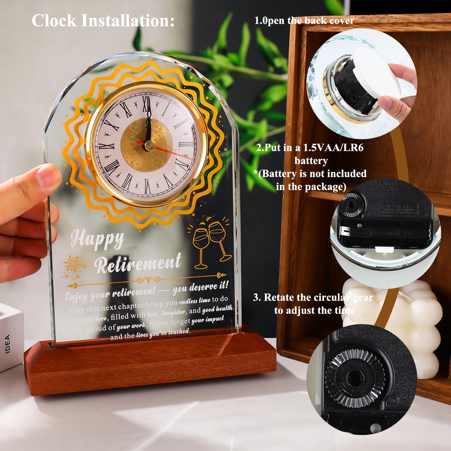 K9 - Reloj de cristal para jubilación para mujeres y hombres, con base de madera y grabado láser, recuerdo inspirador de 6.5 x 8.5 pulgadas para profesores, enfermeras, médicos, jefes
