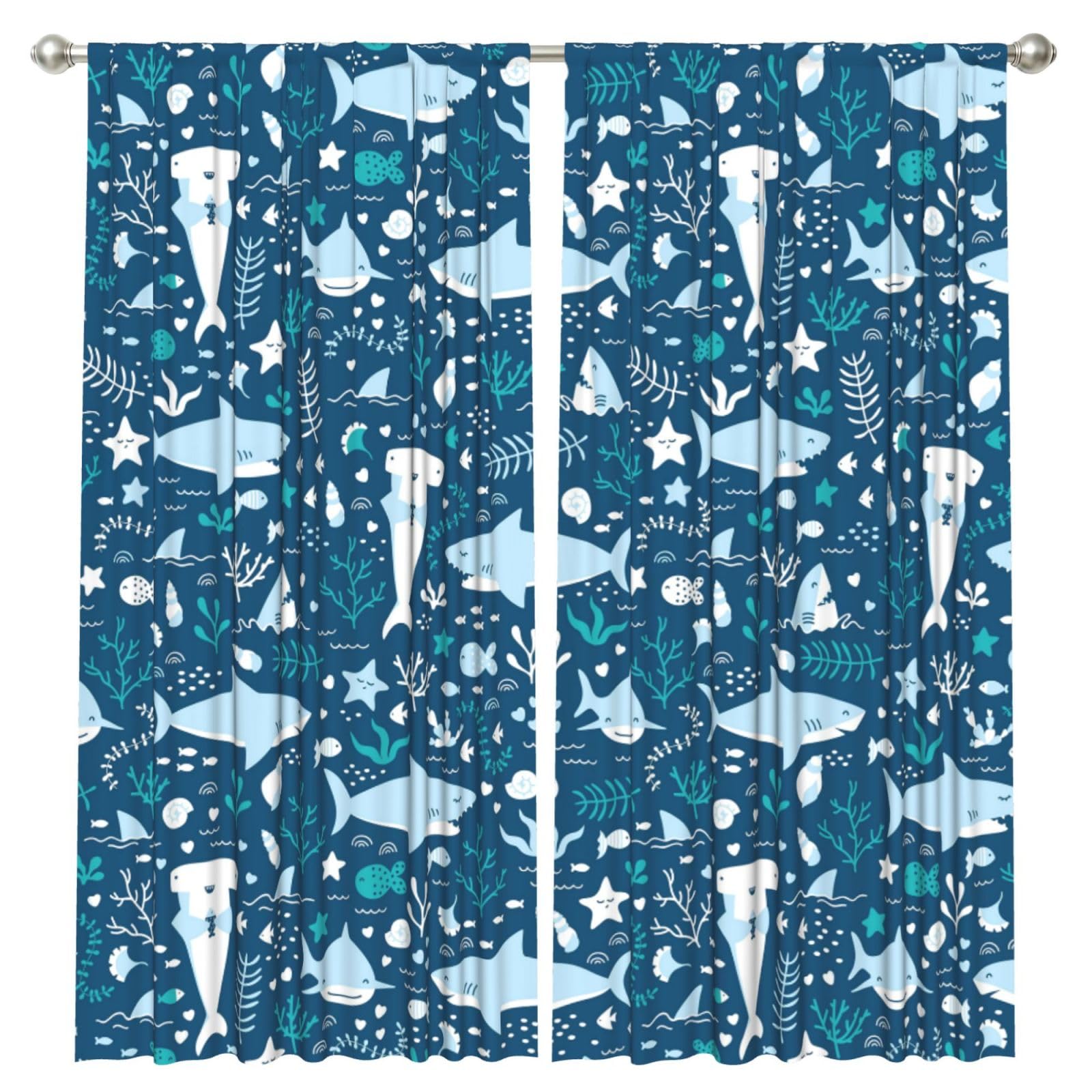 InOmak Smiling Shark Sea Animals Fishes Starfish Blue, 2 Panels Window Curtains 52 x 84 Inch Blackout Curtains for Living Room Bedroom