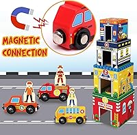 Vista 5 de Atoylink - Juguetes de clasificación y apilamiento para niños pequeños con autos magnéticos de madera y ayudantes comunitarios, bloques de números