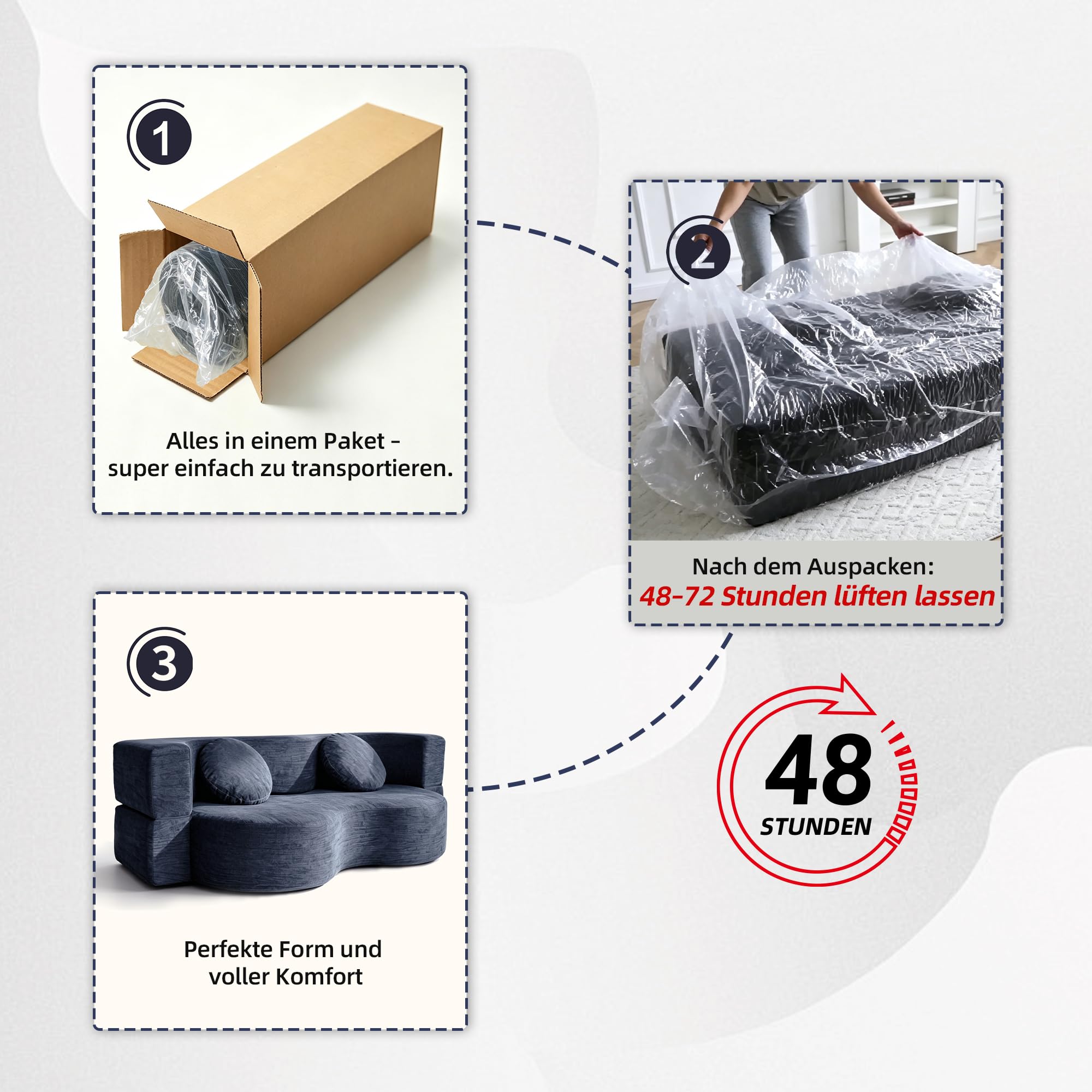 Schlafsofa 200cm Breit, Bodensofa Bed mit Pillow Back Support Armrest mit Kuscheliger Chenille-Stoff, 3-Sitzer Sofa mit Schlaffunktion für Wohnzimmer, Apartment, Schlafzimmer, Blaugrau