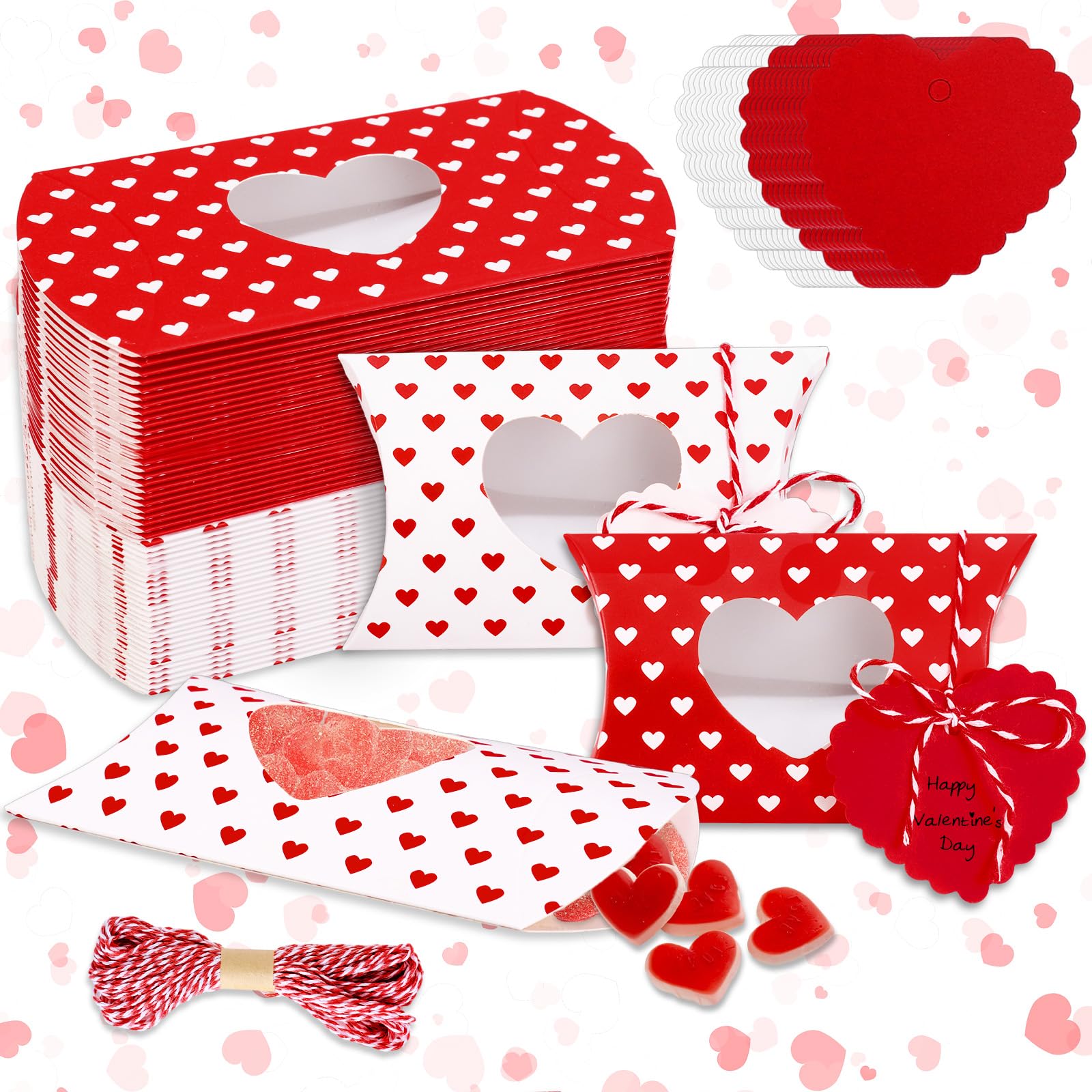 FYSUIMU 50Pcs Valentine' s Day Treat Boxes with Gift Tag Cotton Rope Paper Gift Container Red White Heart Pillow Box with Heart Shaped PVC Window for Wedding Birthday Sweets Chocolate