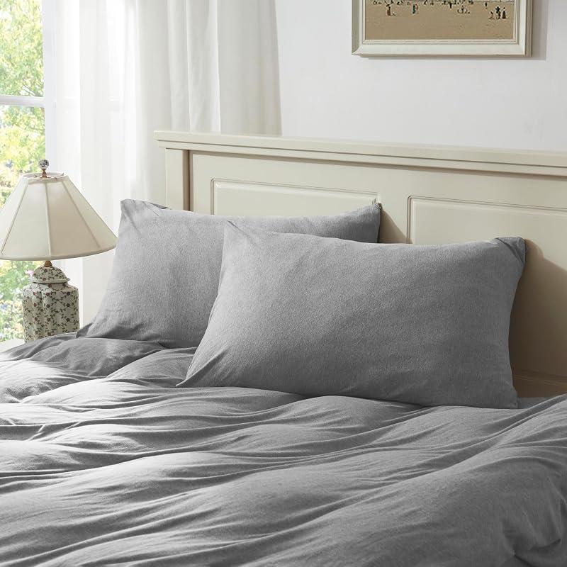 H HOUSEHOLD 100% Jersey Knit Cotton Queen Size Pillowcases Set of 2, Super Soft Breathable Pillow Cases for Sleeping, Envelope Closure, Stretchy T-Shirt Fabric (Grey, Queen Size Pillowcase)