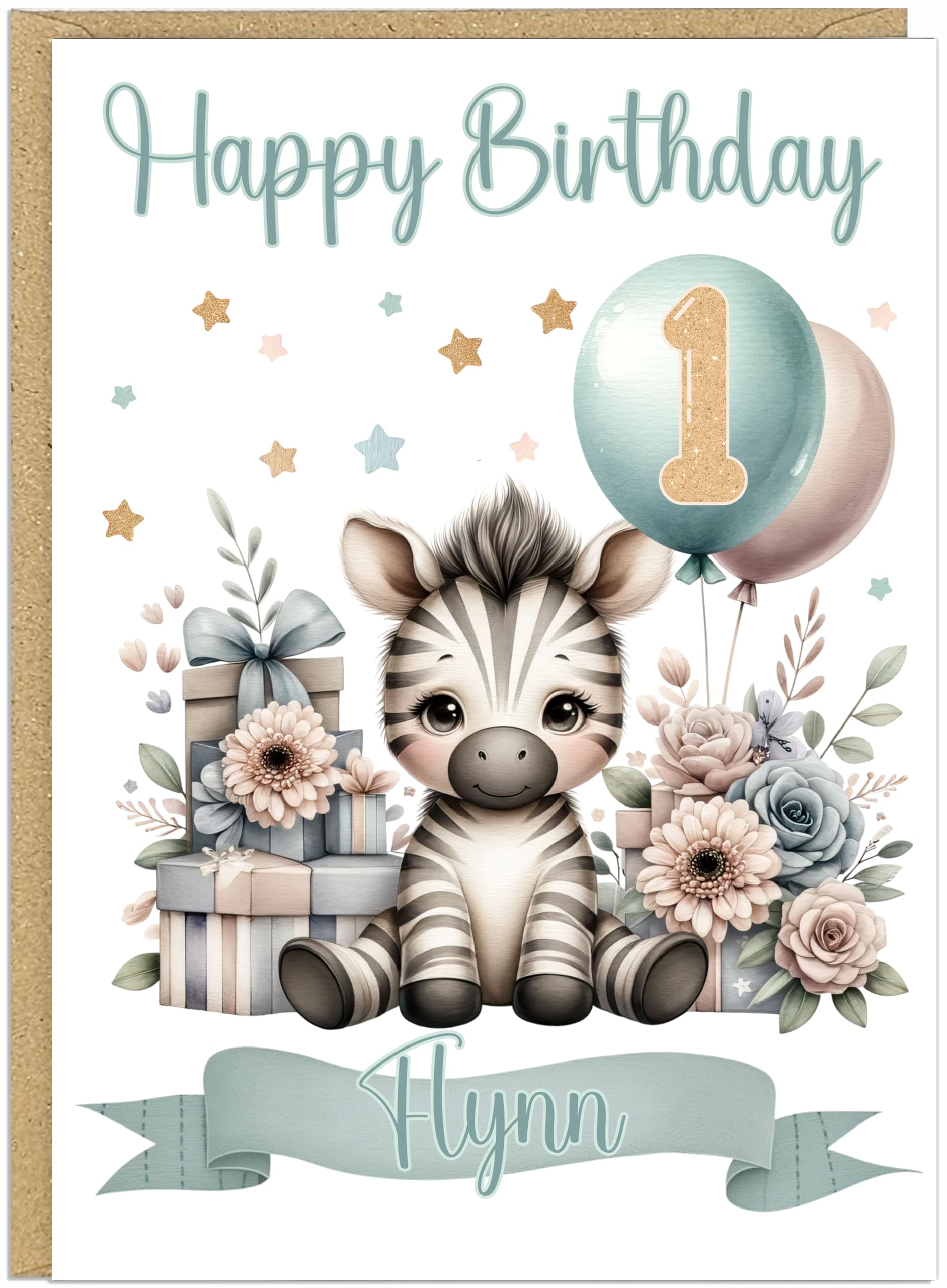 Personalised Cute Watercolour Animal Birthday Cards for Kids - Custom Name Any Age Boys Girls - 13 Cute Designs - A5 Premium 1st 2nd 3rd Children's Birthday Greeting Cards (Zebra) — image 1
