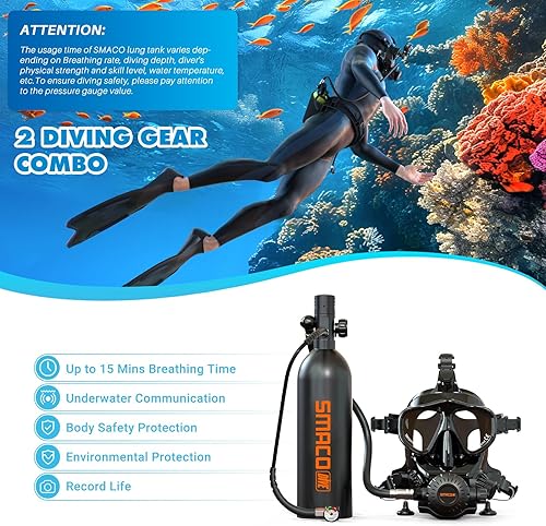 Miniatura 9 de SMACO Mini tanque de buceo con máscara de buceo completa S400 Pro 1 litro portátil mini tanque de buceo reutilizable tanque certificado DOT con