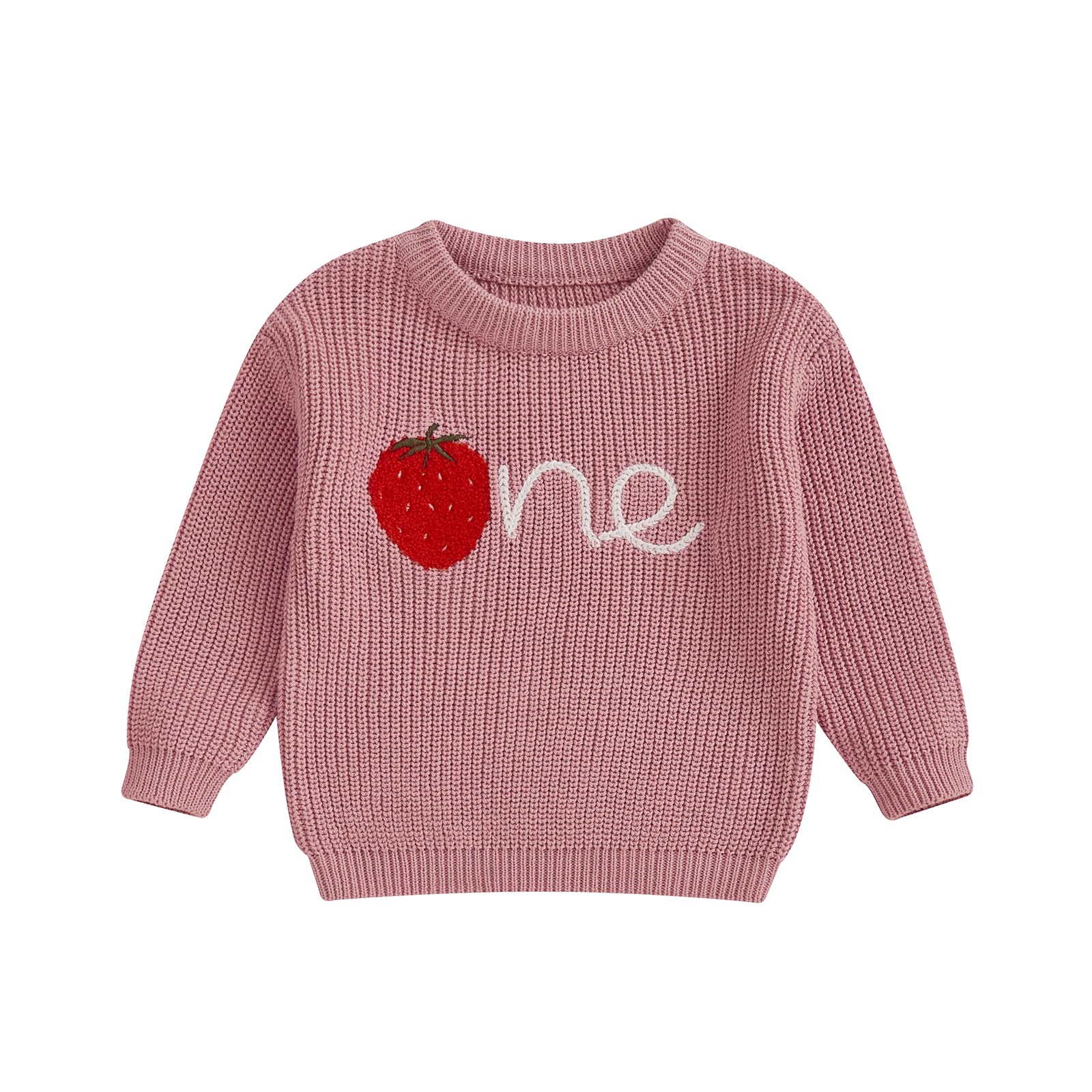 Baby Girls First Birthday Sweater Strawberry One Embroidery Knit Pullover Tops 1st Birthday Baby Clothes (Dark Pink, 12-18 Months)