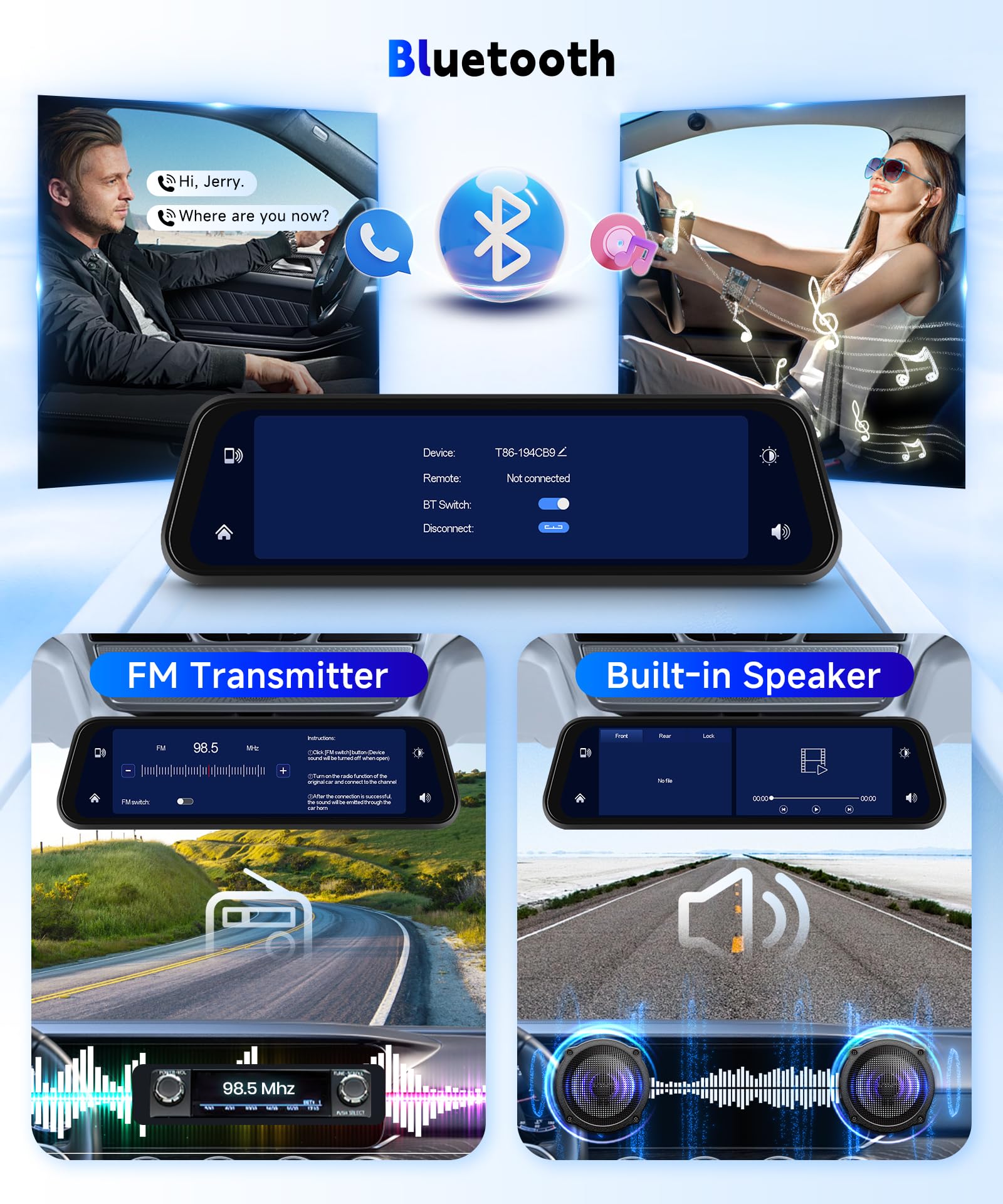 9.66‘’ 1080P Dashcam Rétroviseur avec Carplay & Android Auto, Caméra Embarquée 1080p, Carte TF 64 Go, Enregistrement 24h/24, WDR, Vision Nocturne, Commande Vocale